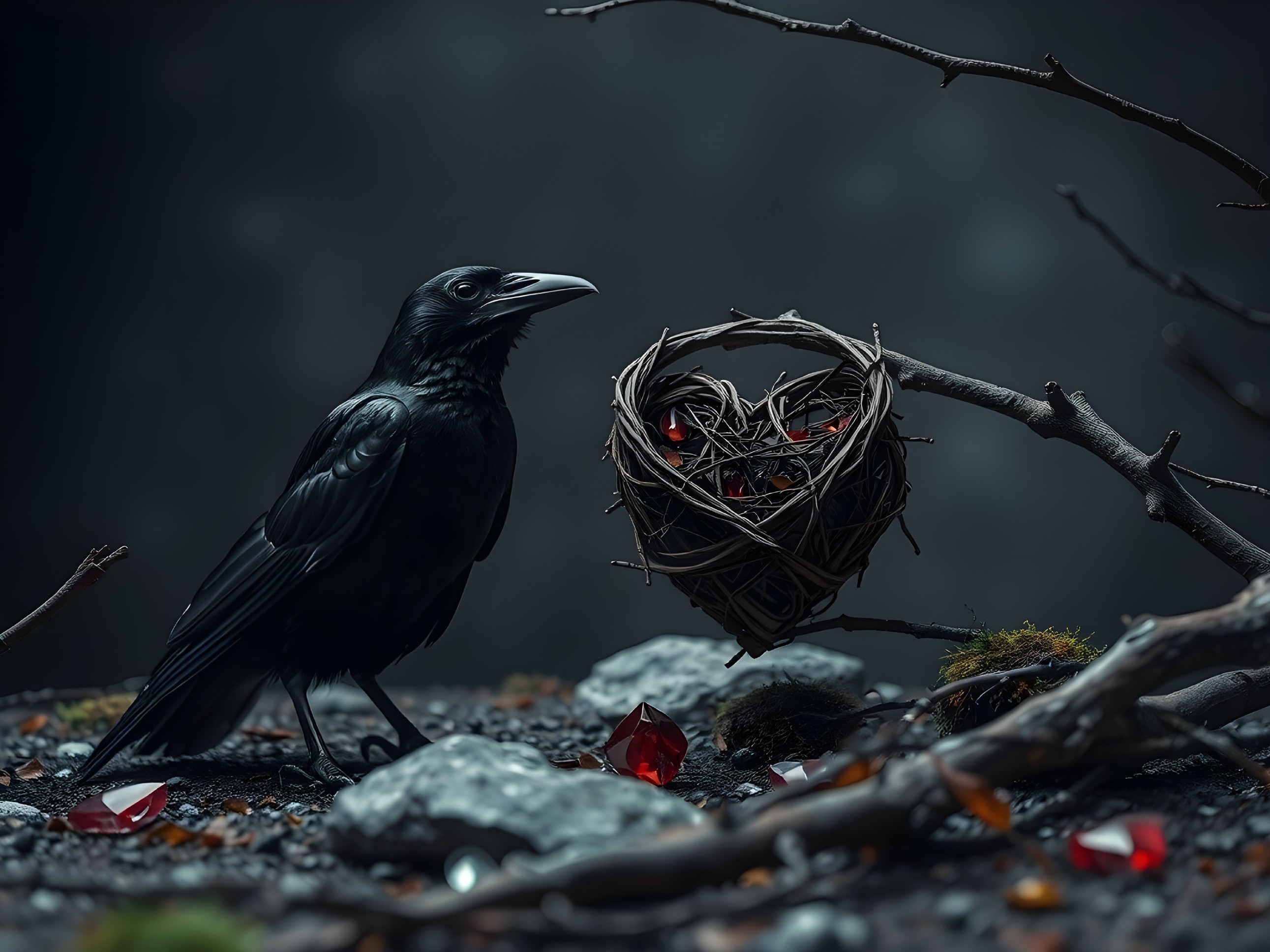 Black Raven by Heart-Shaped Nest with Red Jewels