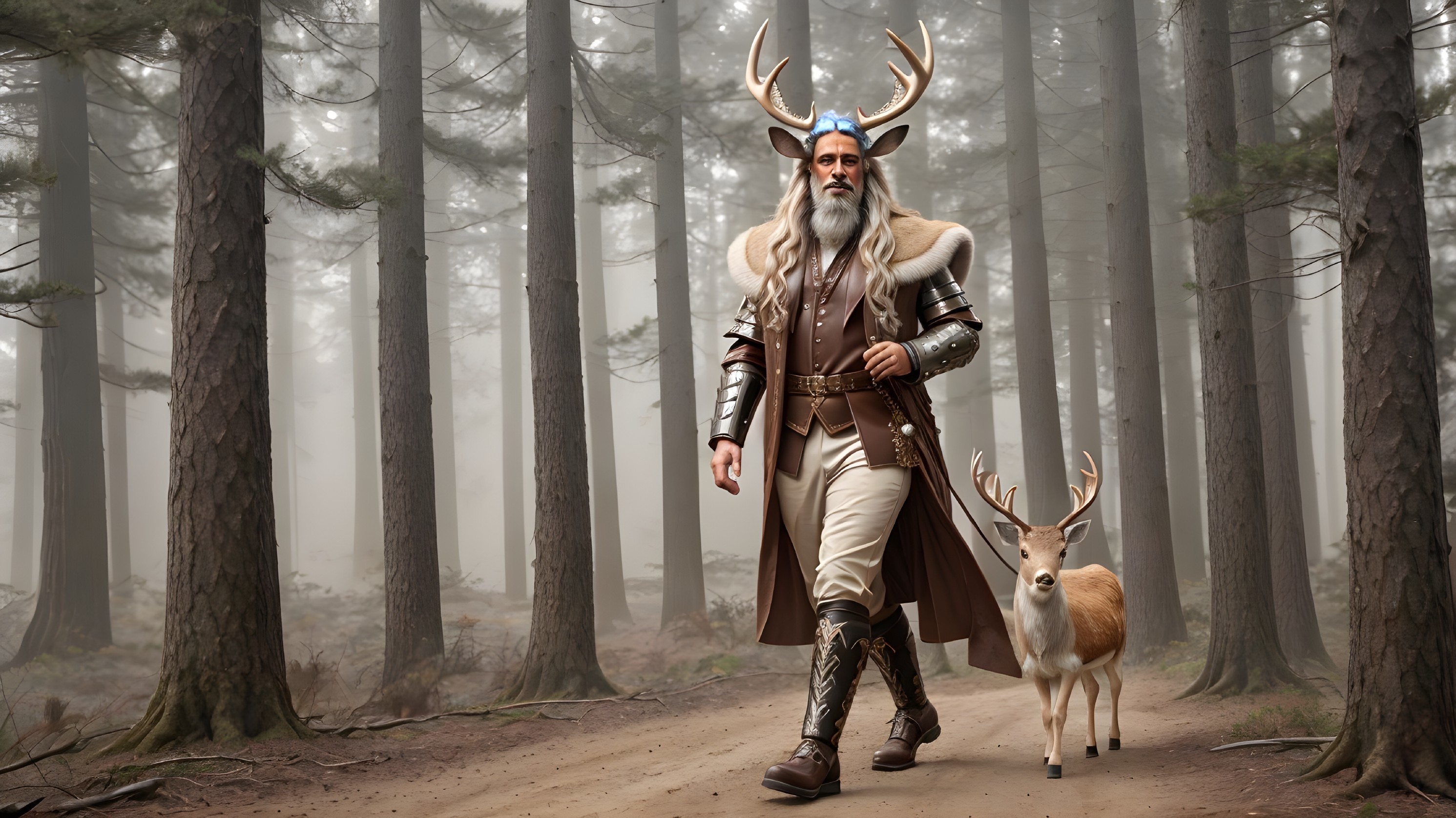 Majestic figure in regal attire walks with a deer