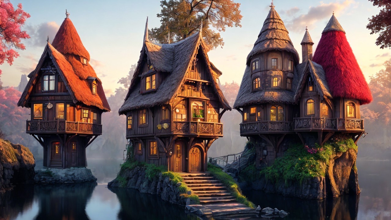 Whimsical Fairy Tale Houses by a Serene Lake