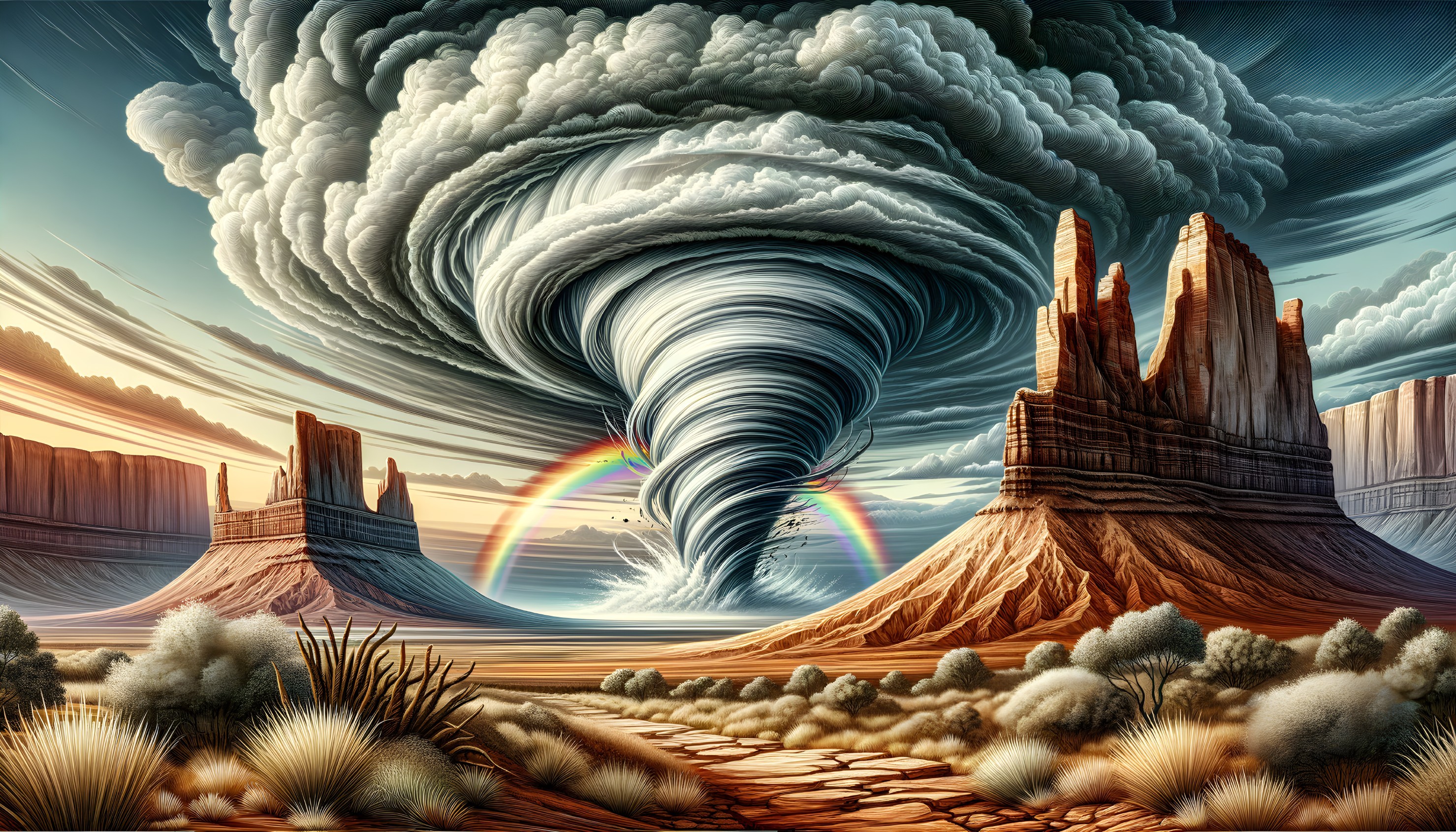 Dramatic Landscape with Tornado and Rainbow Elements