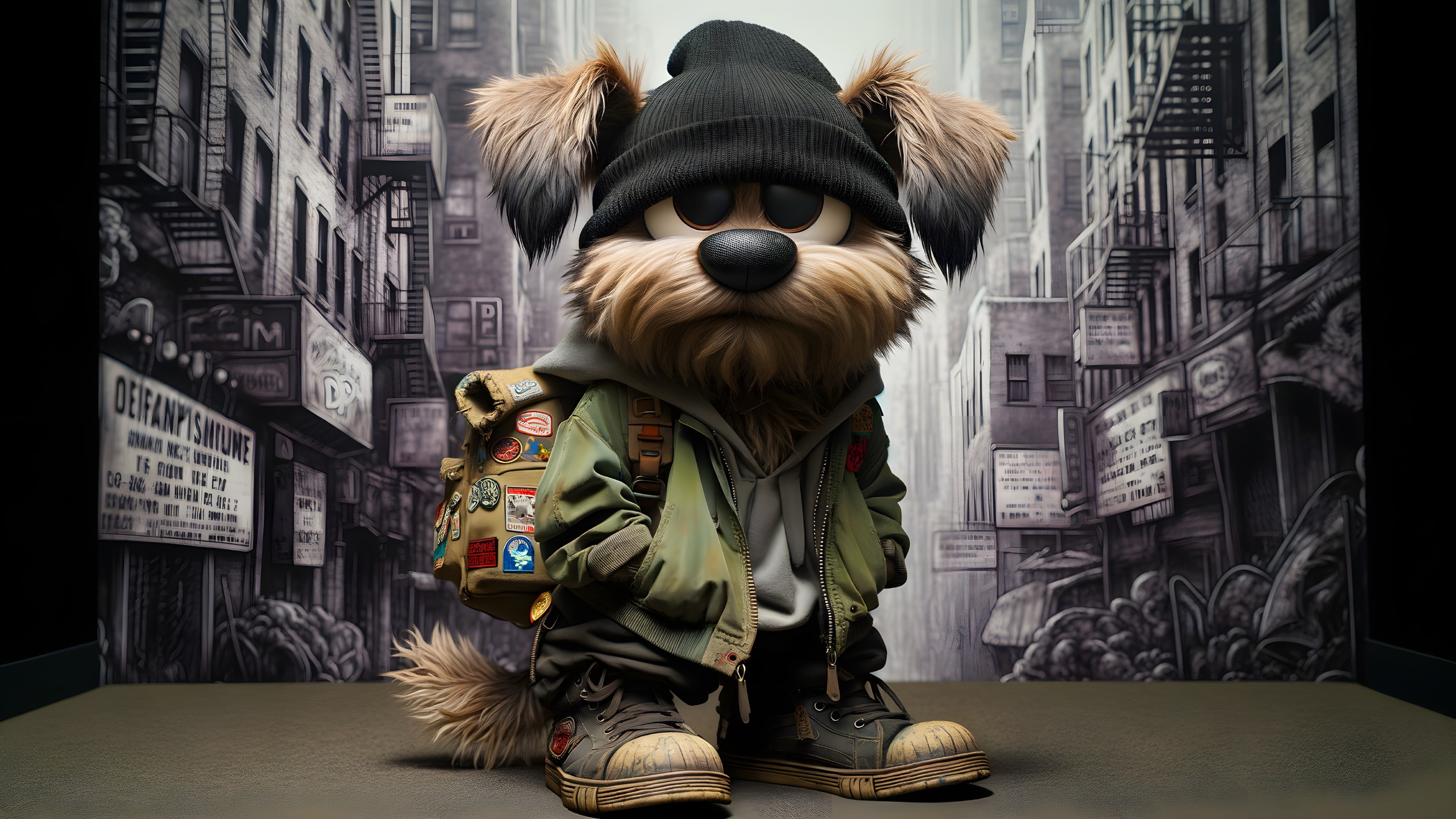 Cartoon Dog Character in Urban Setting with Backpack