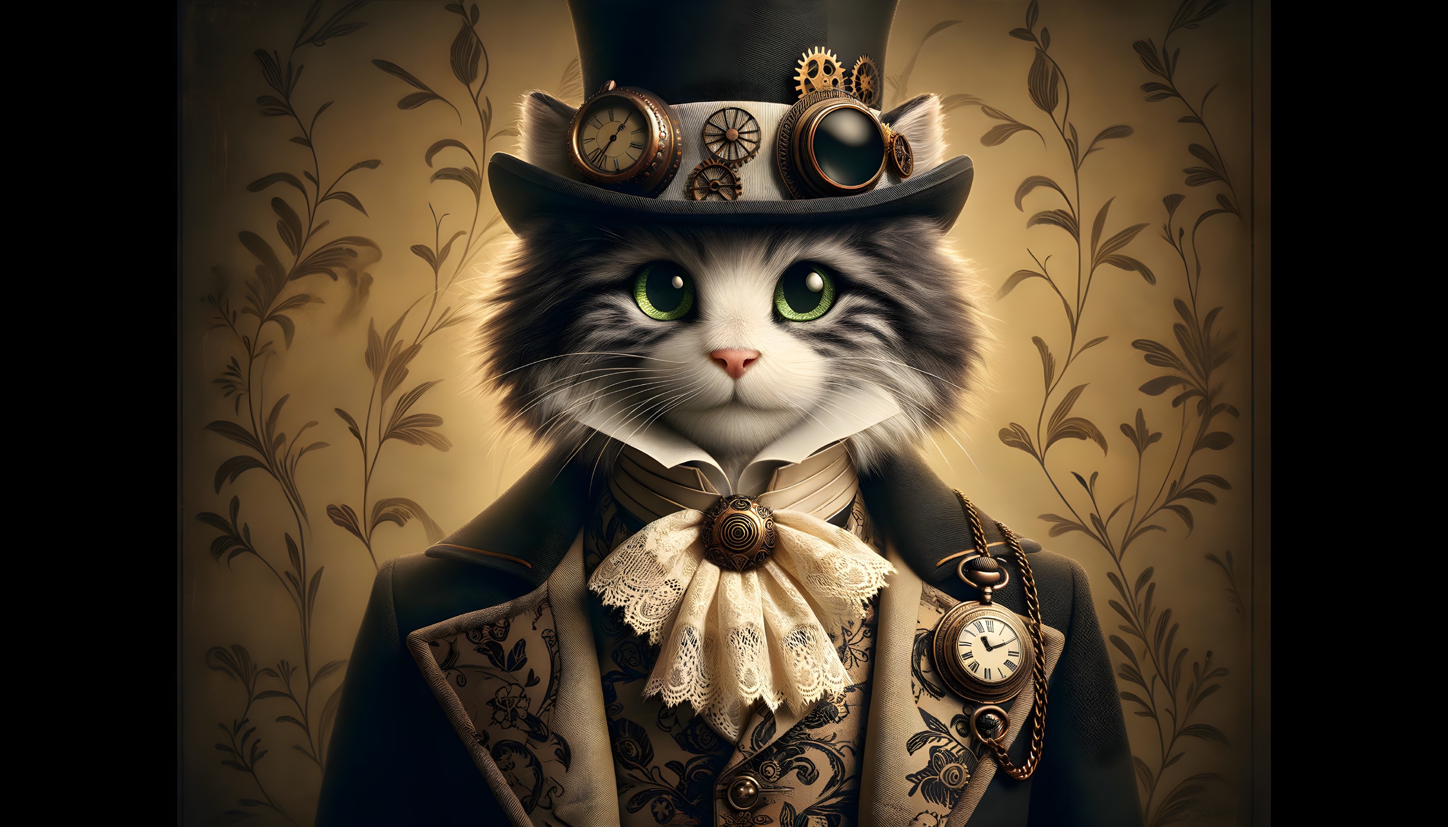 Whimsical Cat in Steampunk Outfit with Floral Background