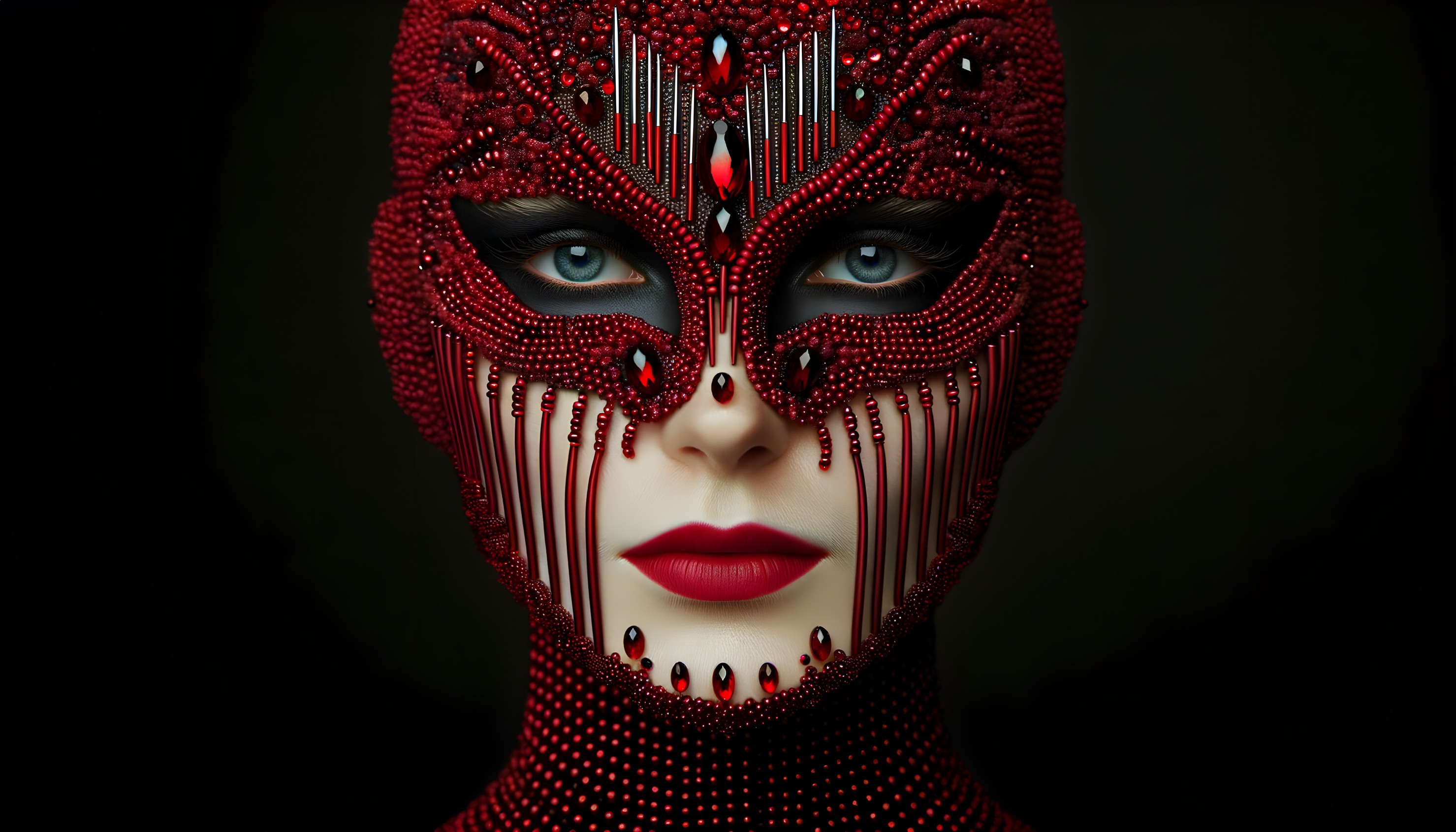 Portrait of a woman in a red jeweled mask