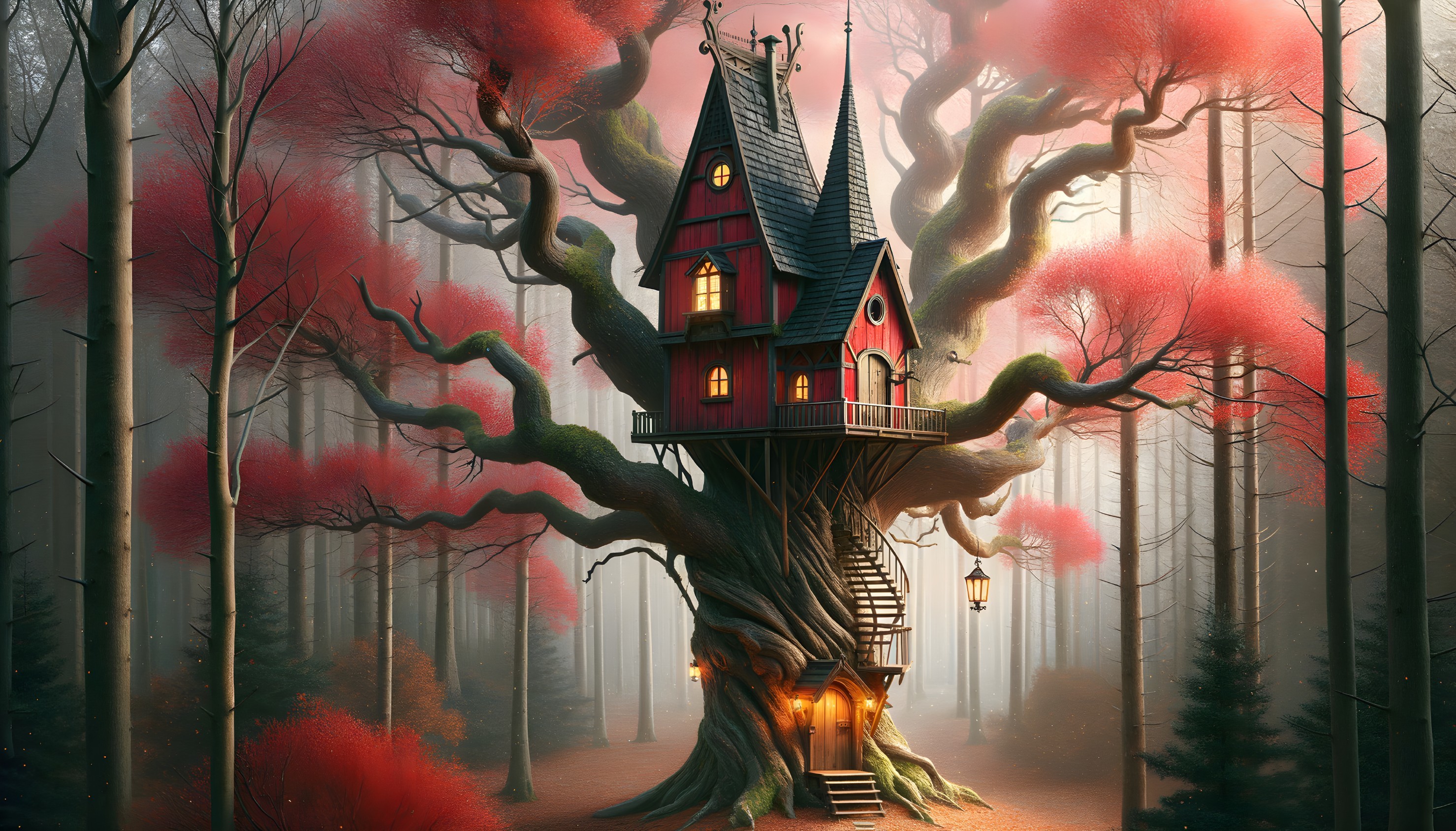 Whimsical Treehouse in Vibrant Foliage and Forest