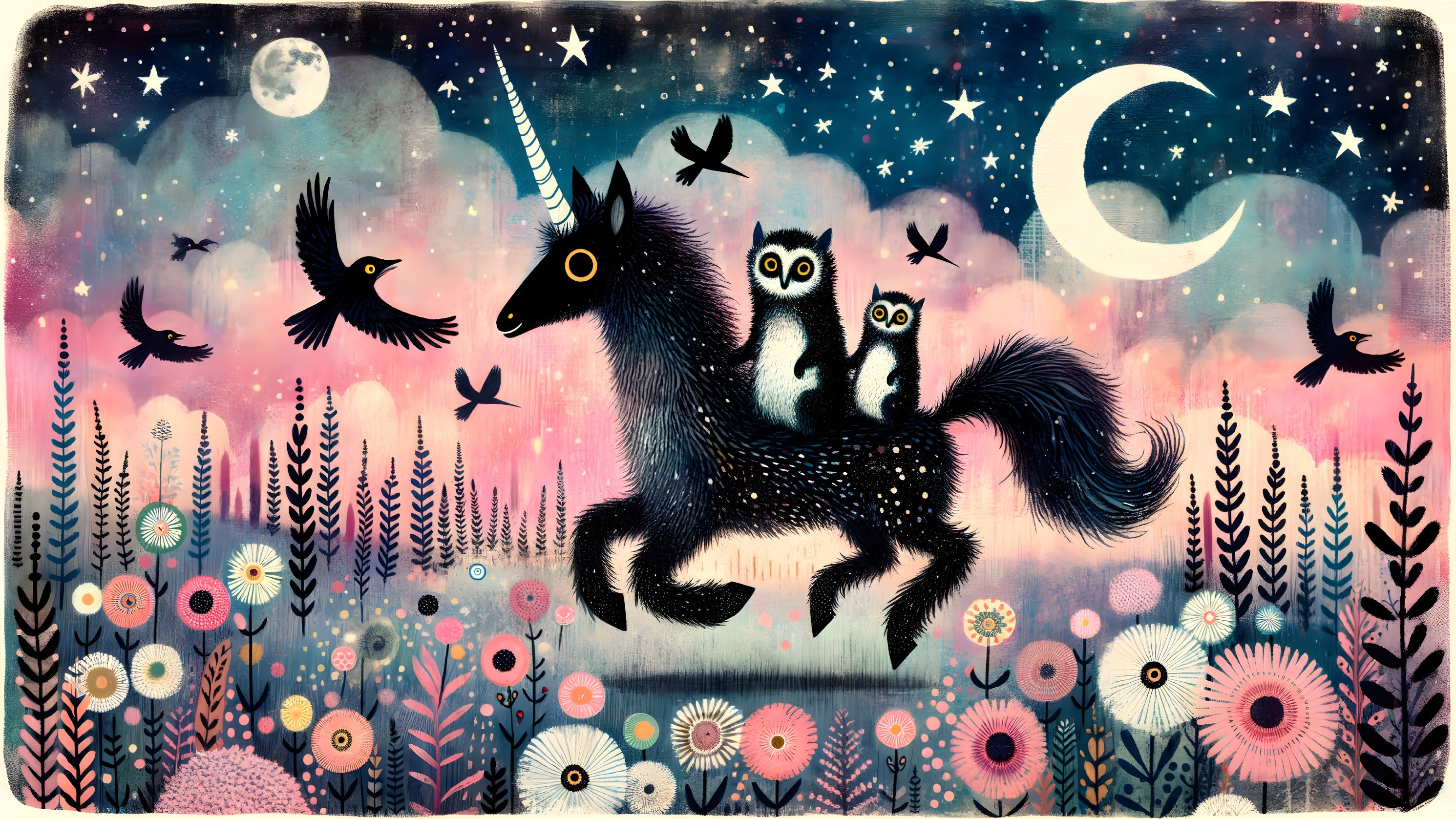 Magical Black Unicorn in a Colorful Dream Landscape