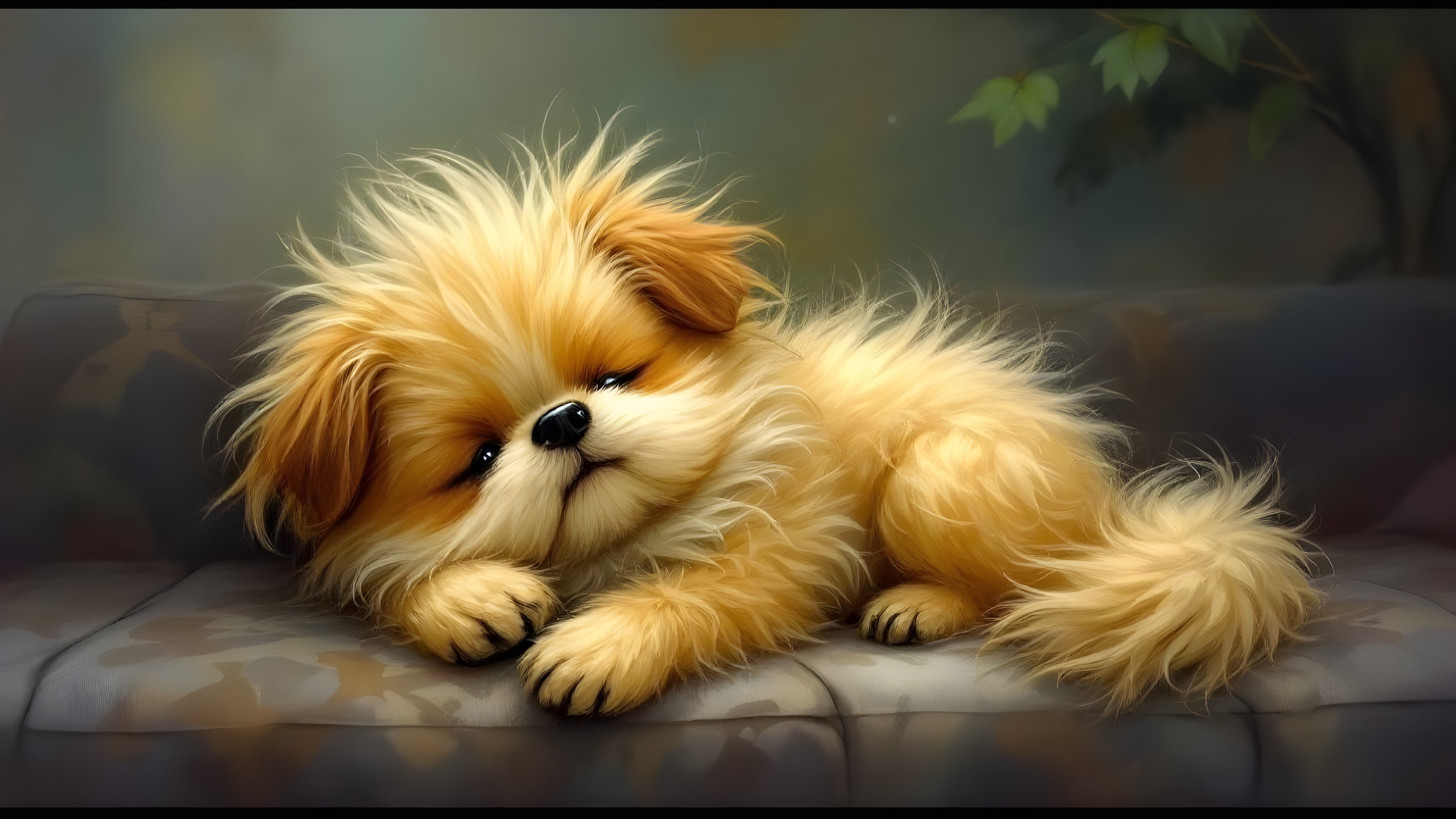 Fluffy Golden Puppy Relaxing on a Soft Couch