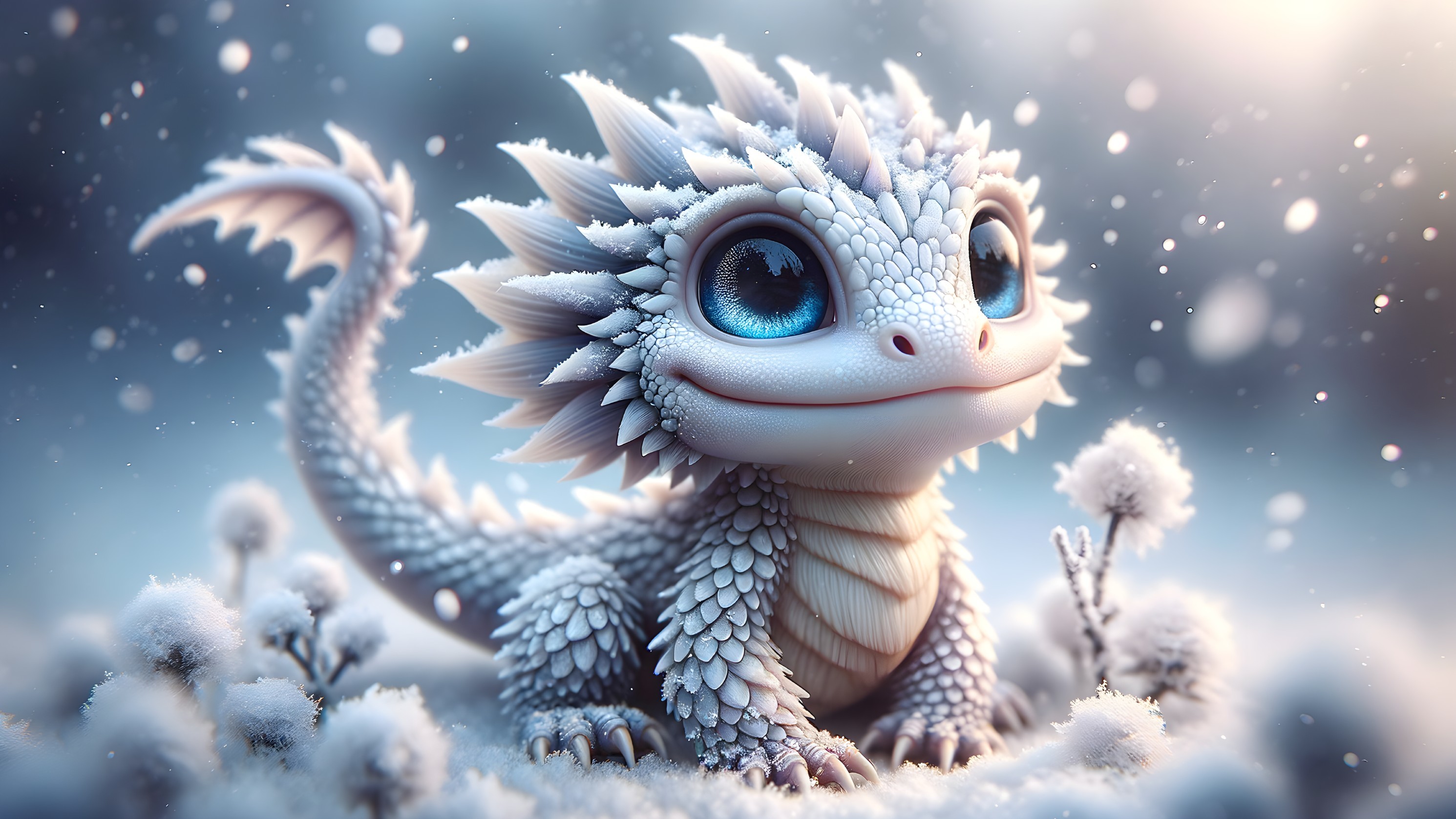 Small dragon with icy-white scales in snowy landscape