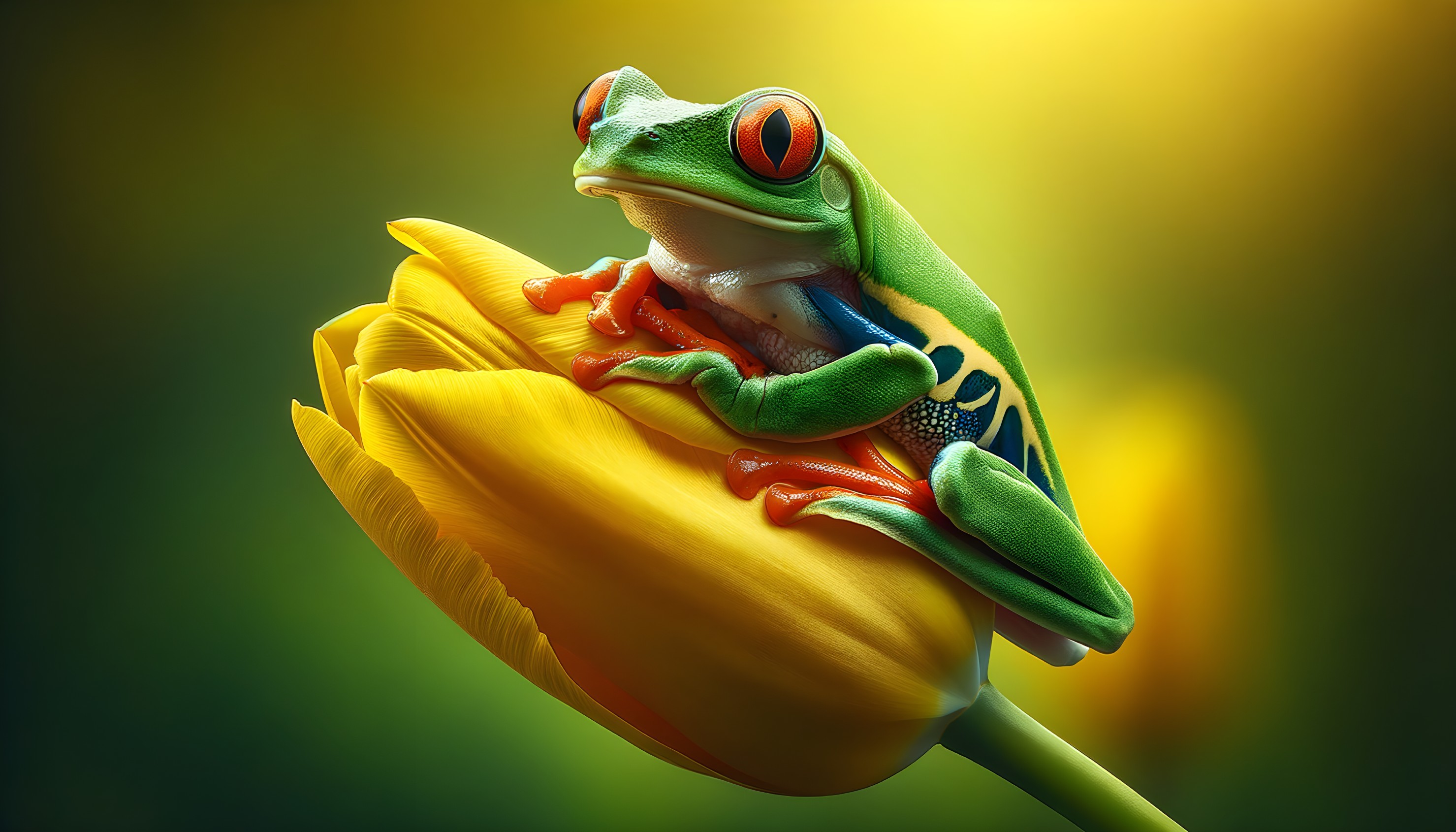 Red-eyed Tree Frog on Yellow Tulip with Green Background