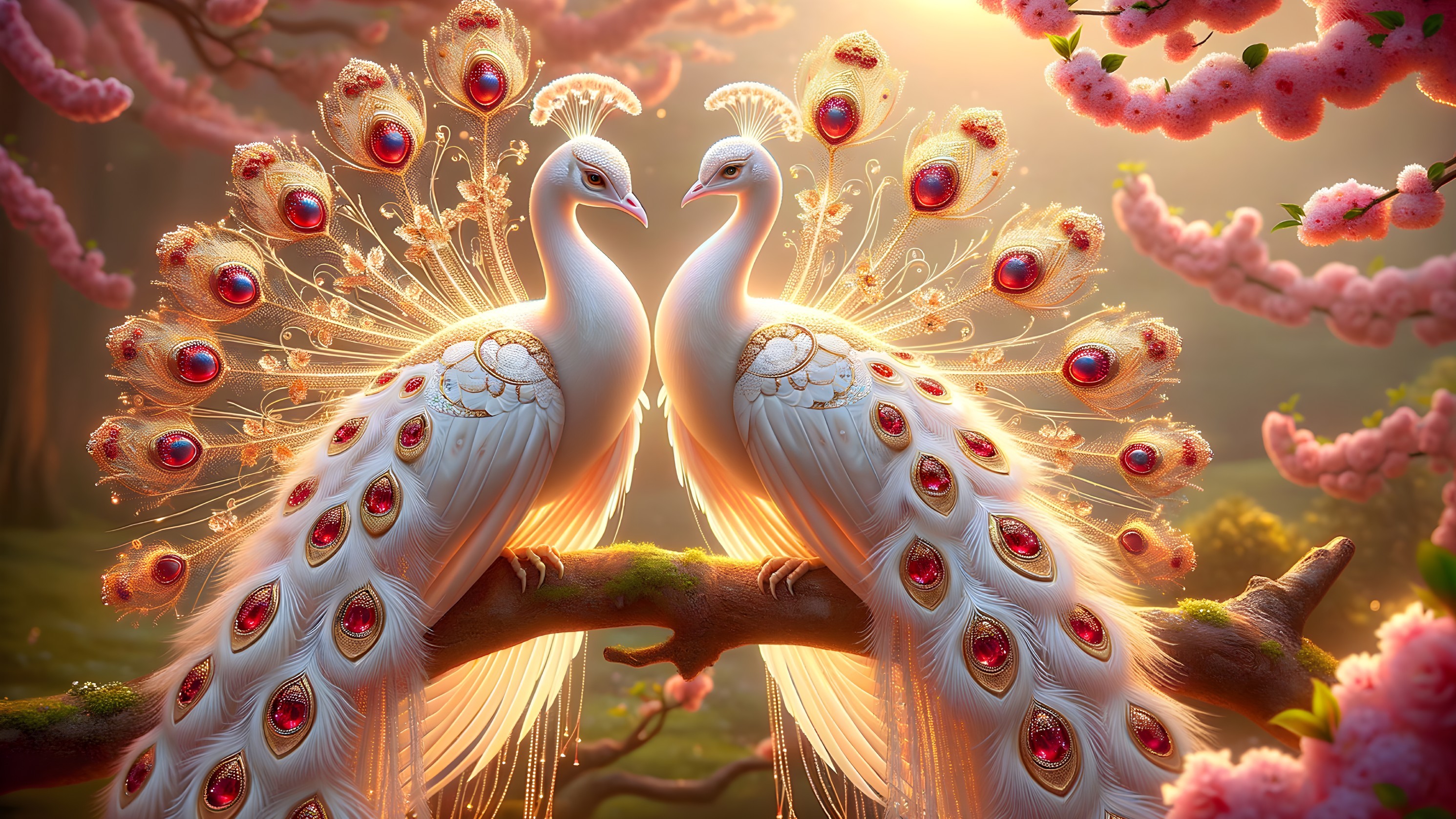 Elegant White Peacocks Among Cherry Blossoms