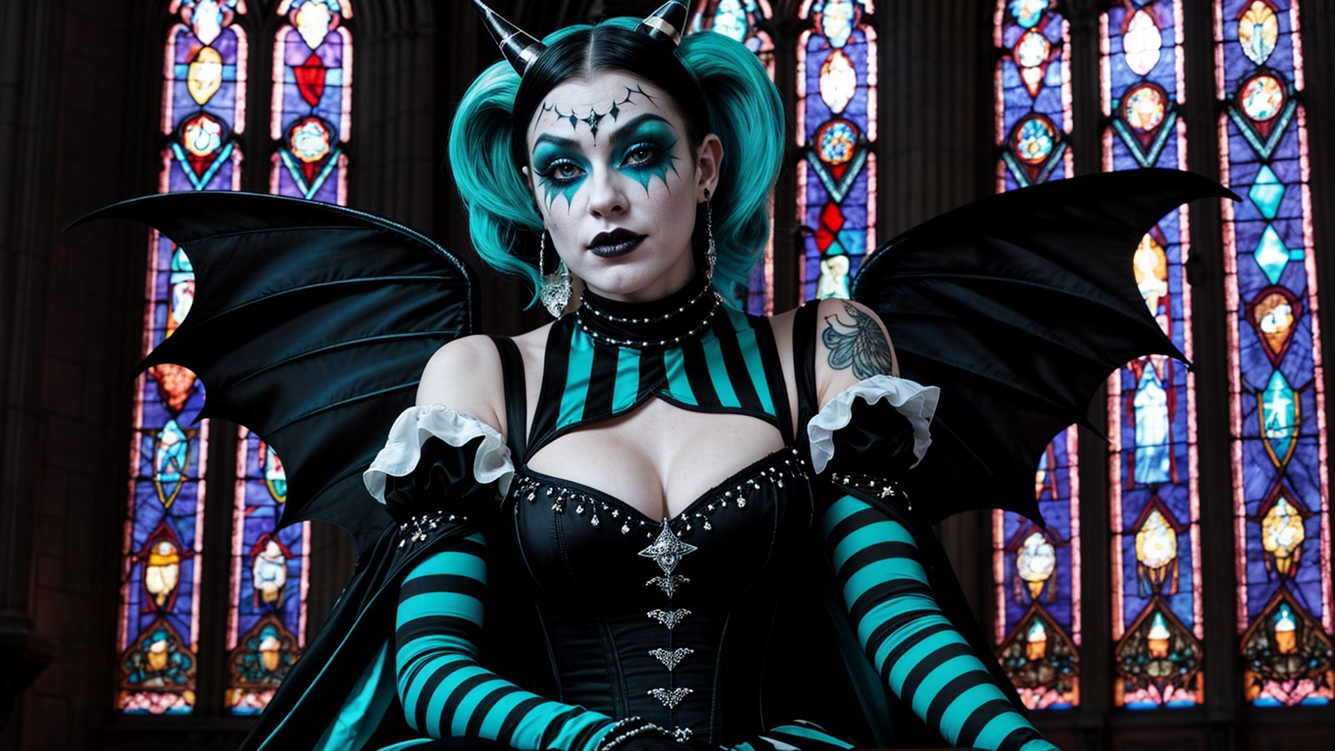 Character with Teal and Black Hair and Bat Wings