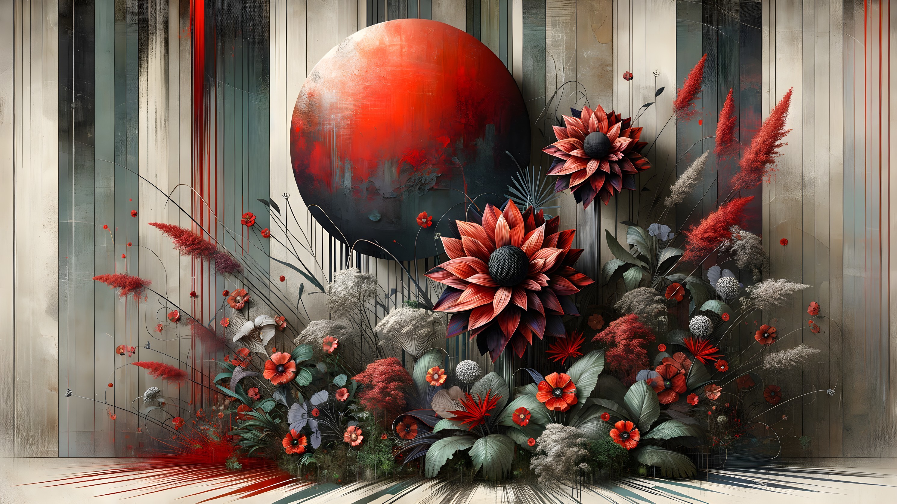 Abstract Composition of Bold Red Flowers and Sphere