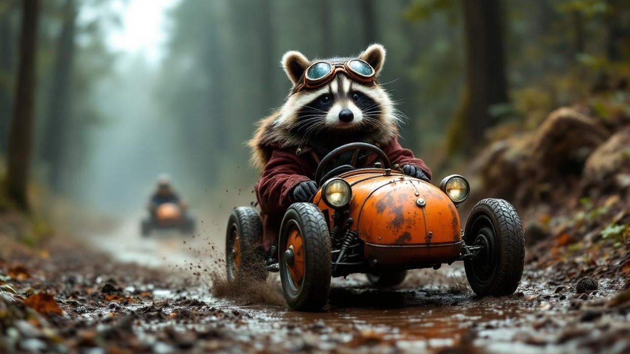 Raccoons in vintage go-karts racing through a forest