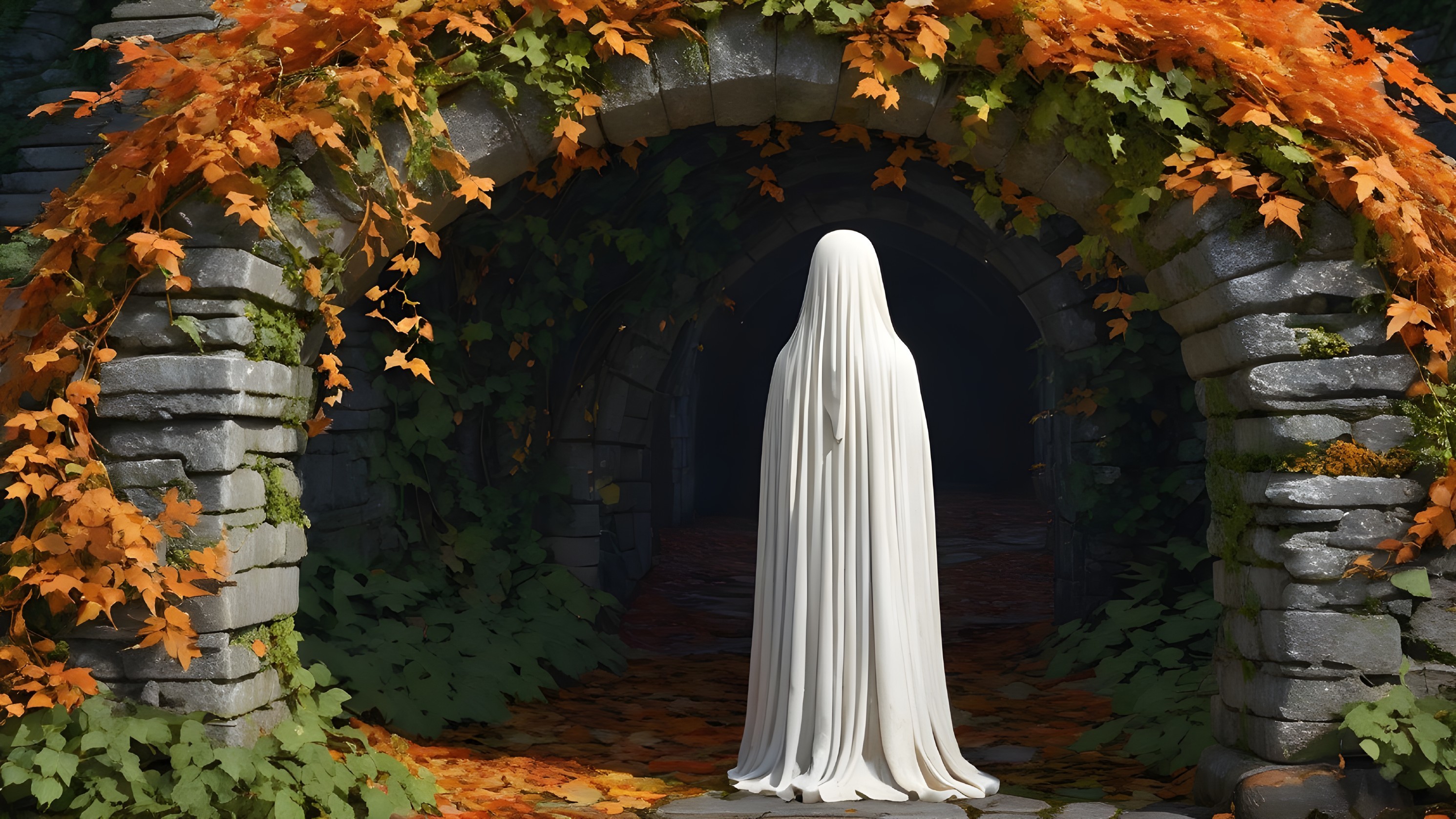 Ghostly Figure Beneath Archway with Autumn Leaves