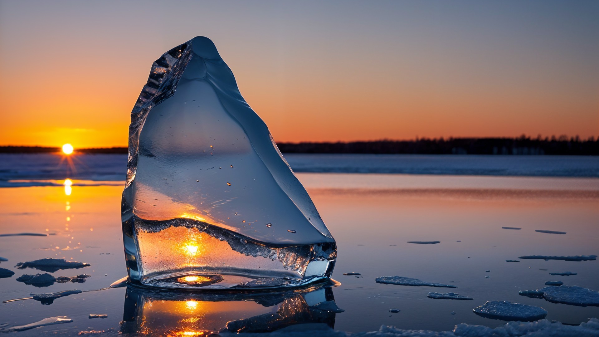 Ice Formation Against Sunset Over Reflective Landscape