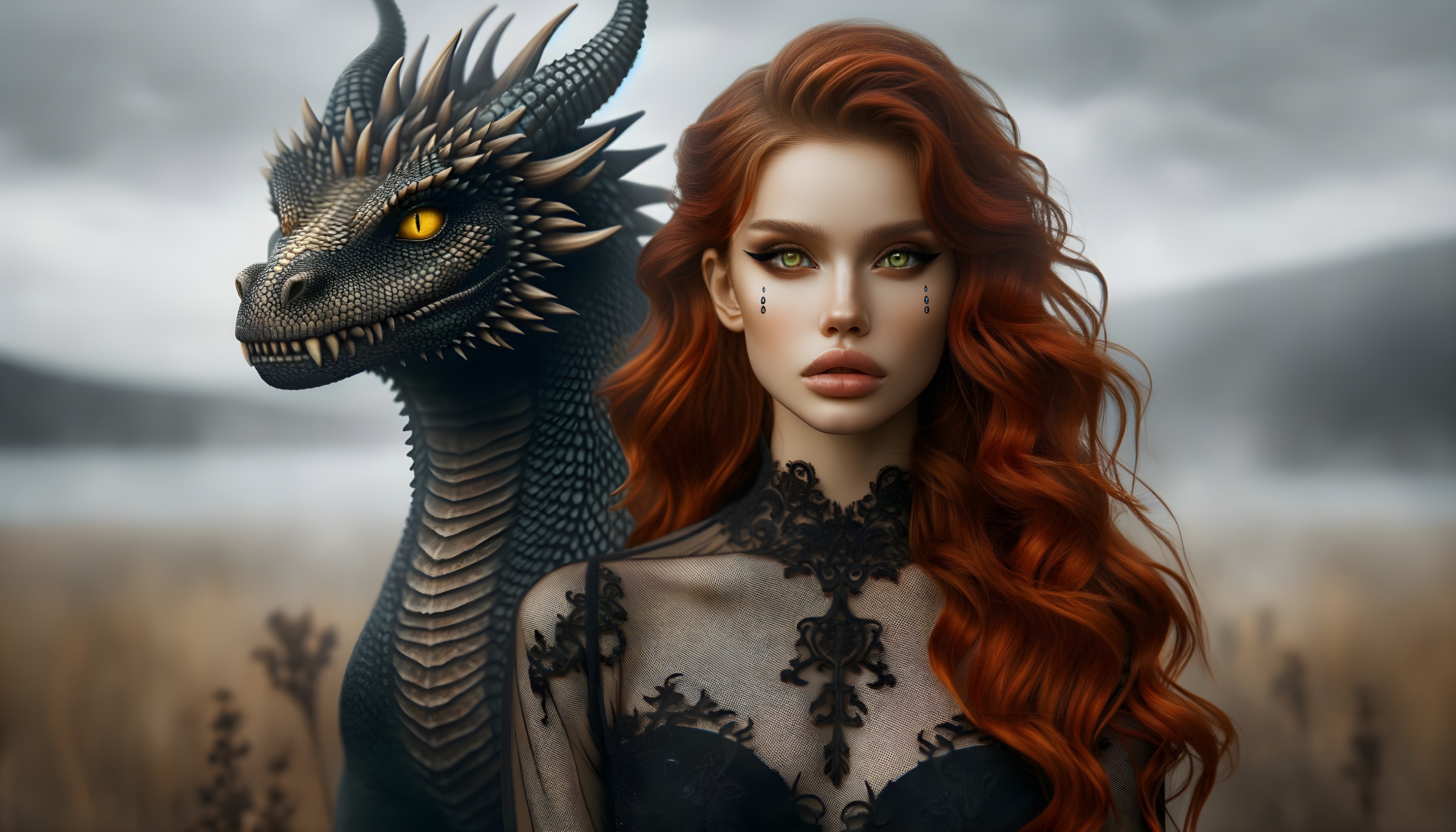 Woman with Red Hair and Black Dragon in Misty Scene