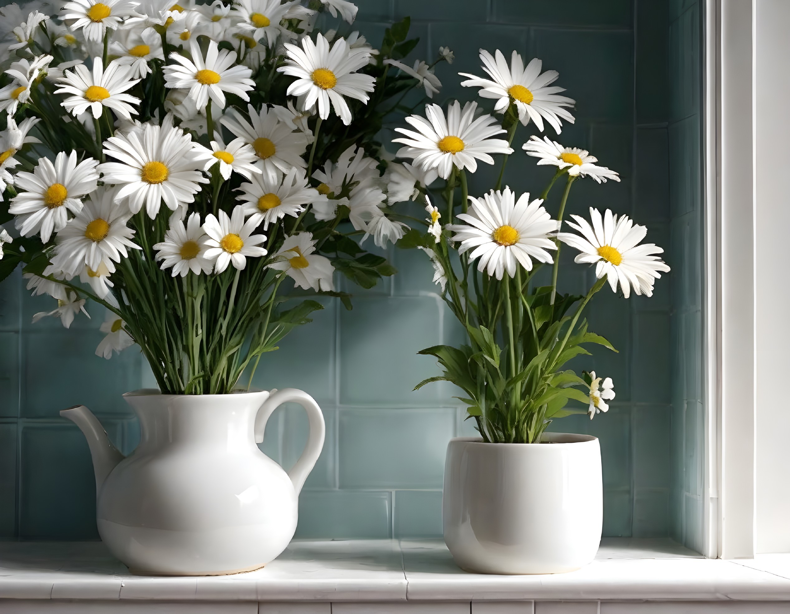 Daisy Arrangements in White Teapot and Pot Against Turquoise