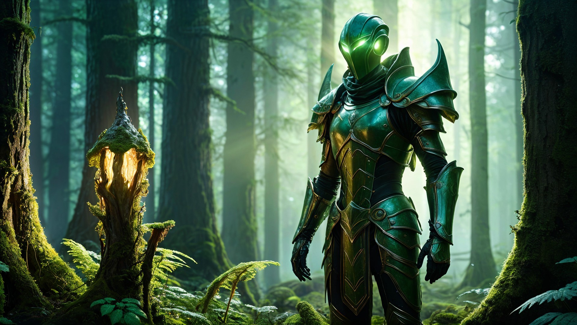 Mysterious Figure in Lush Forest with Green Armor