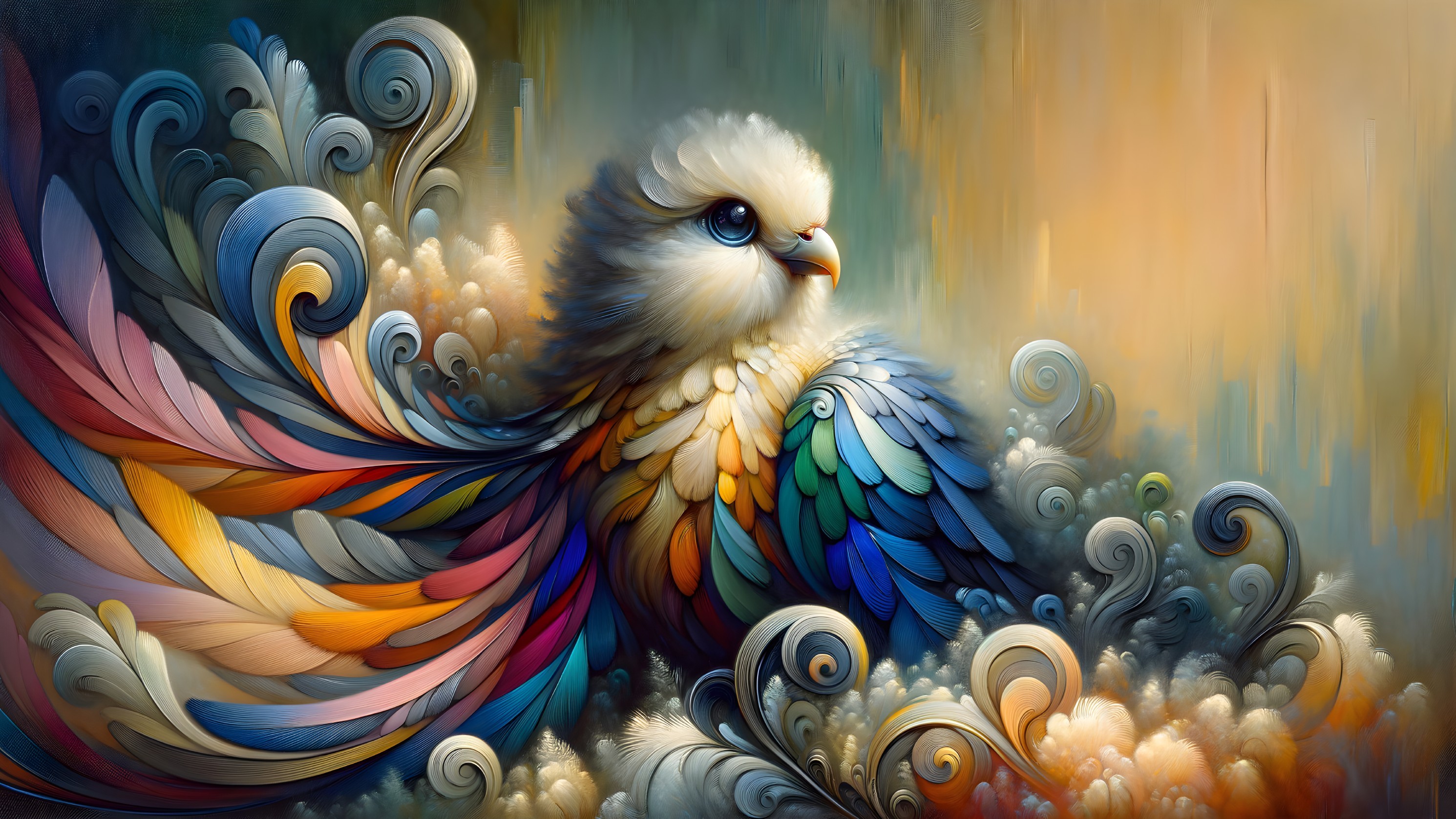 Whimsical Bird with Colorful Feathers in Clouds