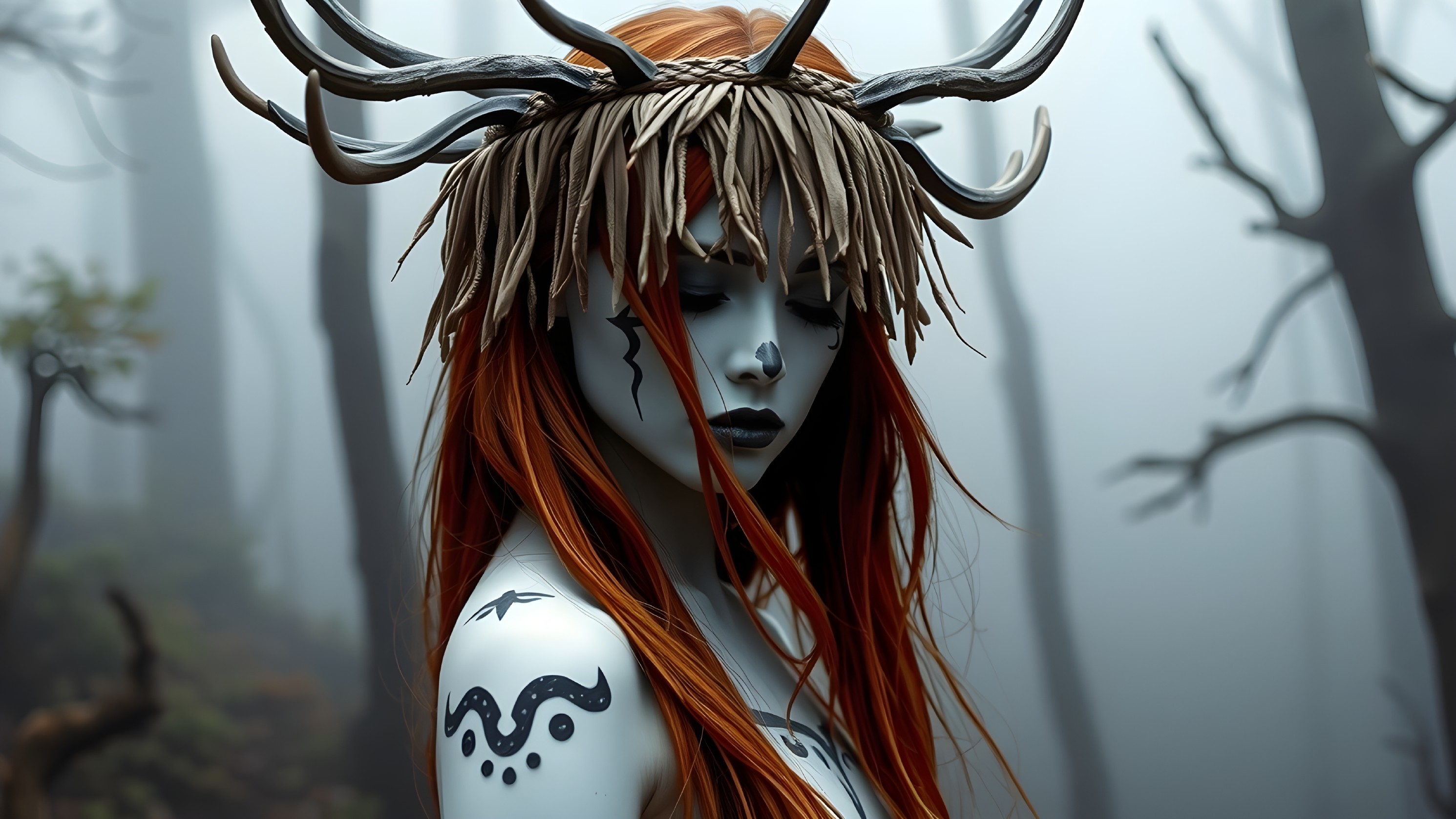 Haunting figure in a misty forest with antler crown