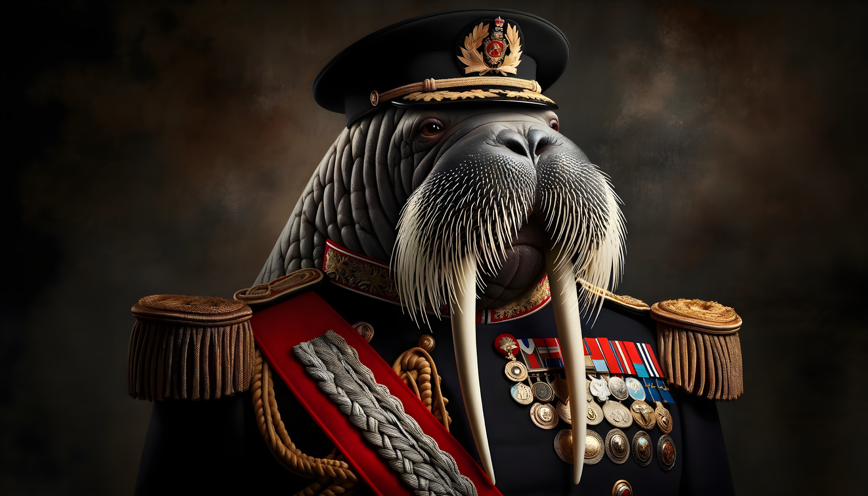 Whimsical Portrait of a Walrus in Military Uniform