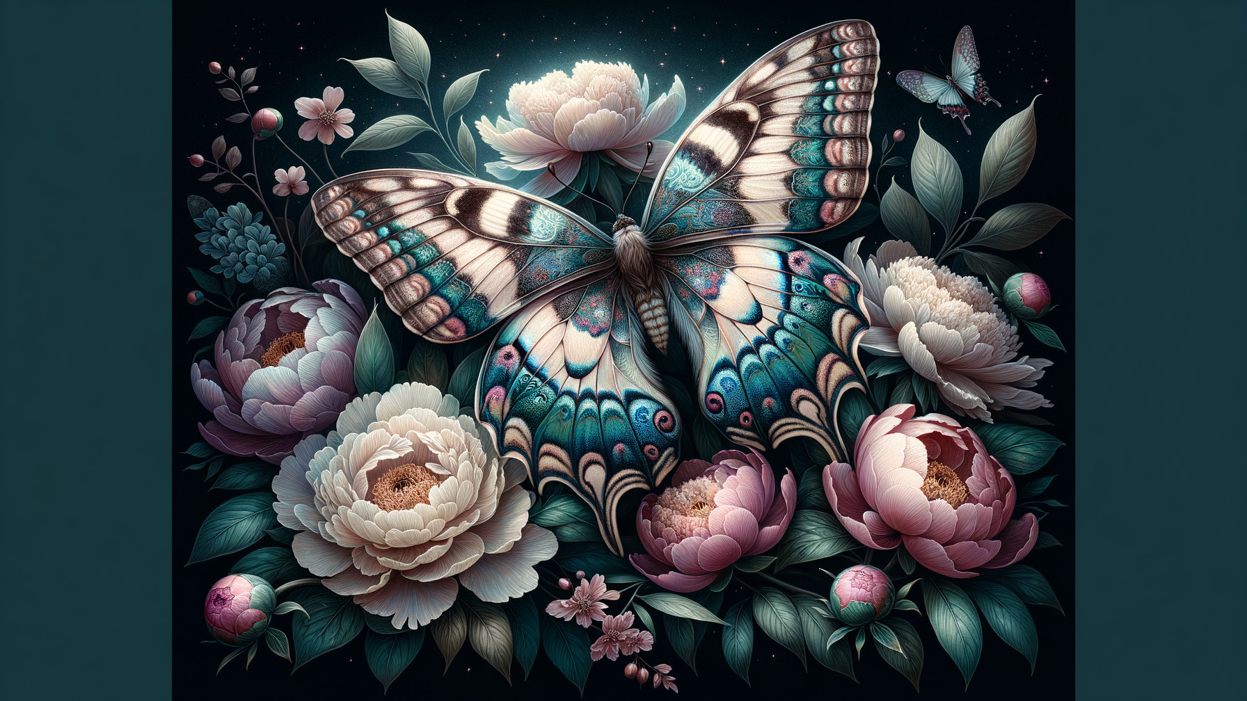 Vibrant Butterfly Among Blooming Peonies in Dark Setting