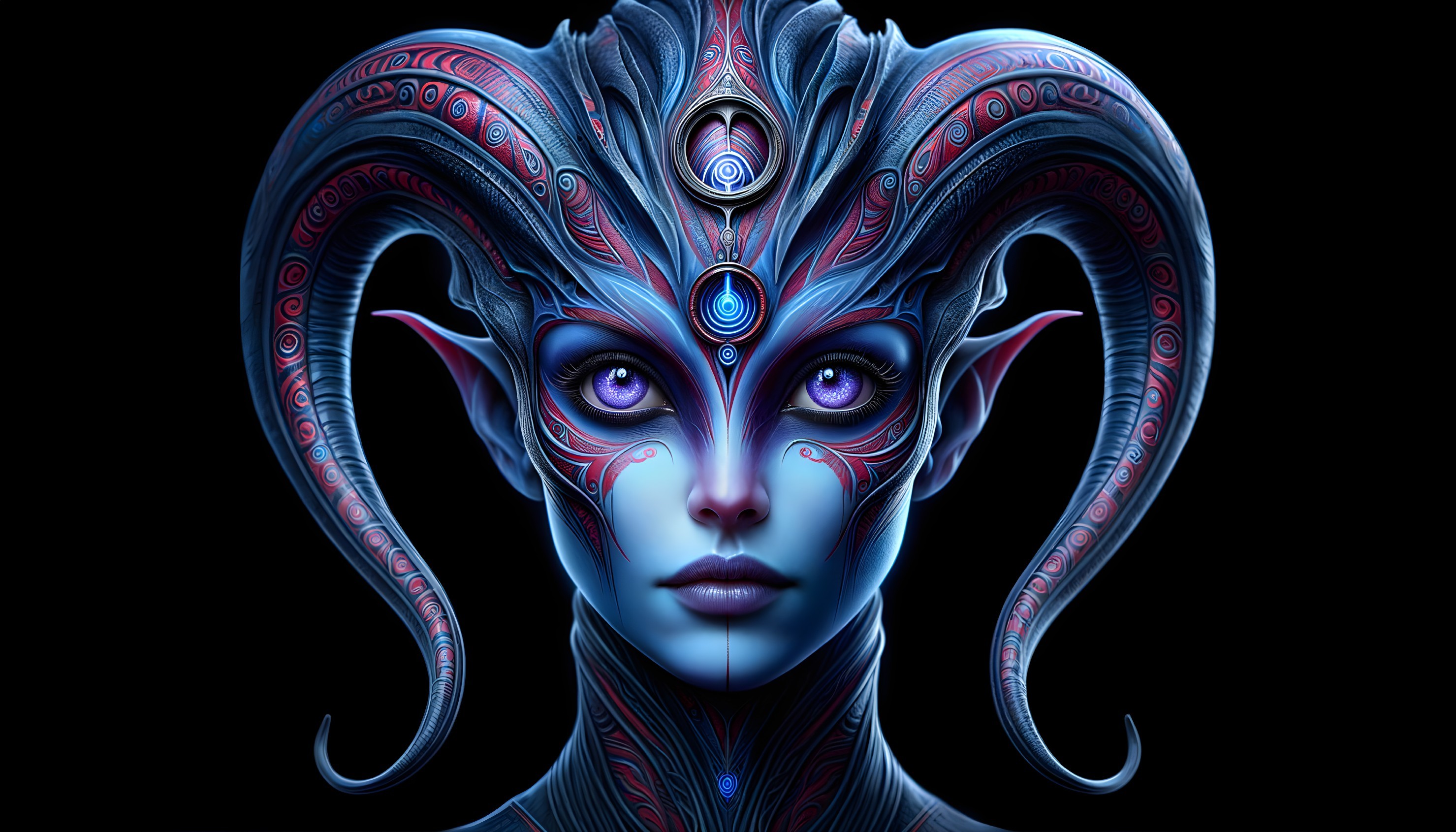 Fantasy Character with Intricate Blue and Purple Patterns