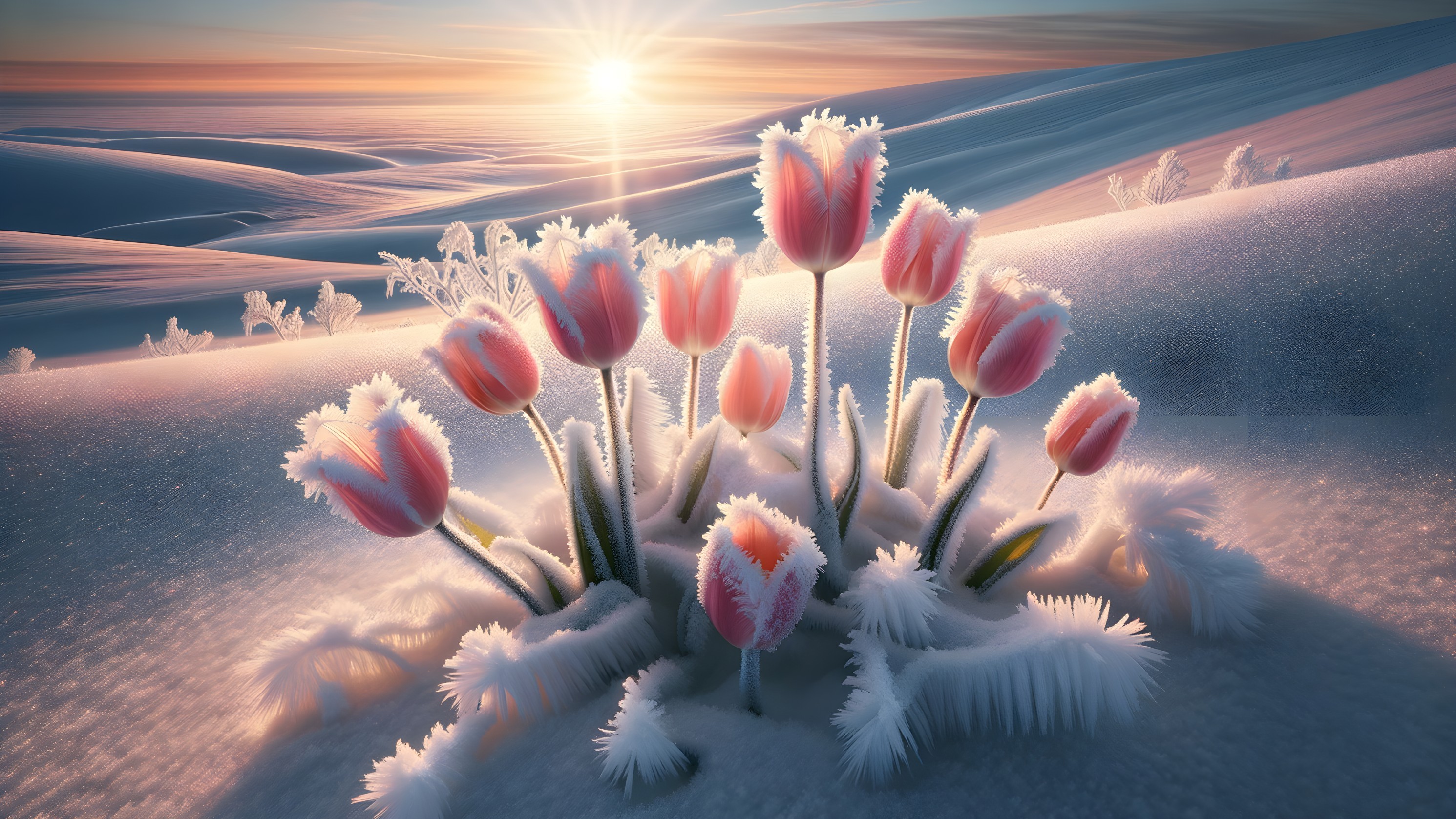 Vibrant Tulips in a Snowy Frosted Landscape