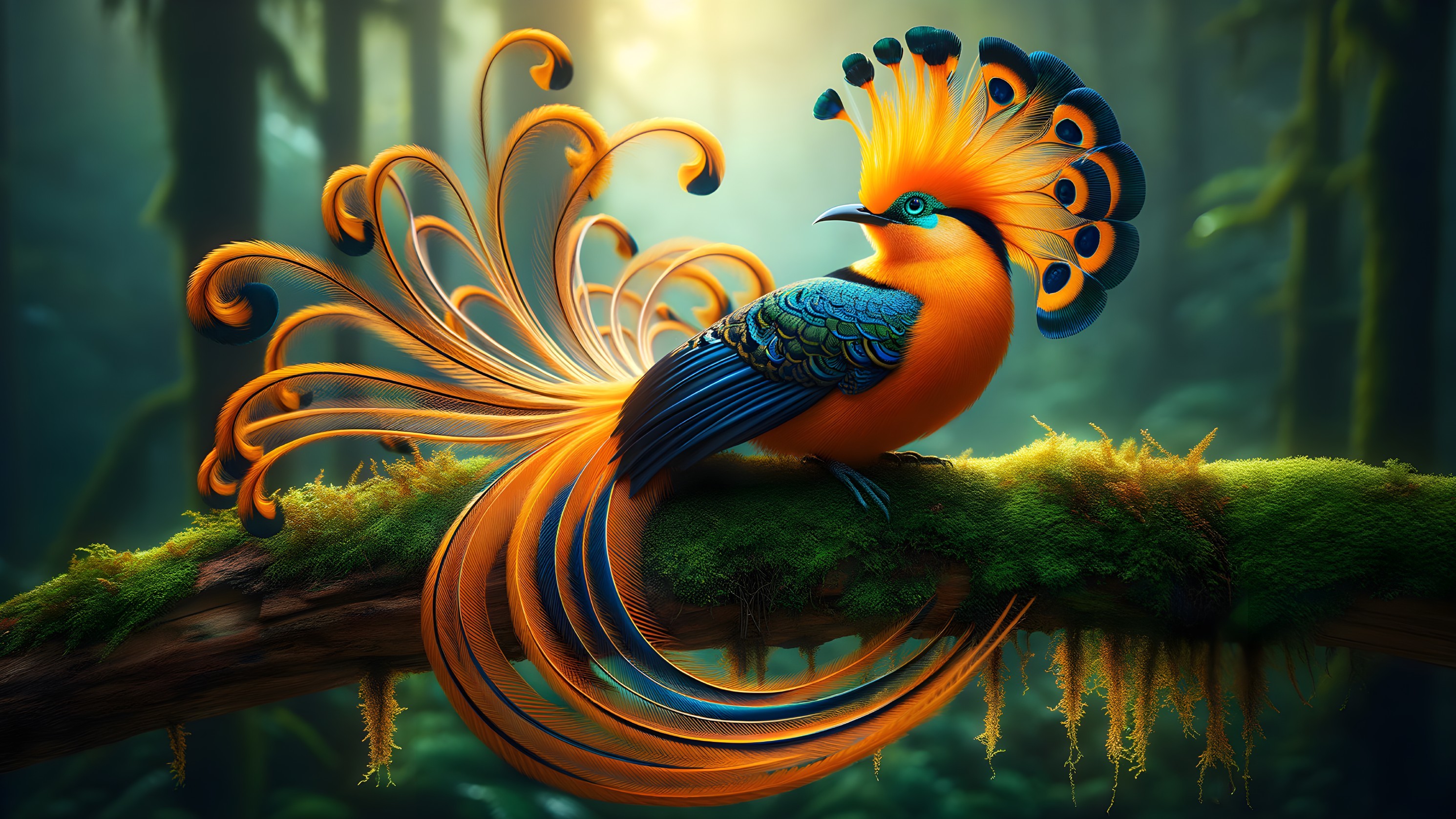 Vibrant Bird on Mossy Branch in Lush Forest Setting