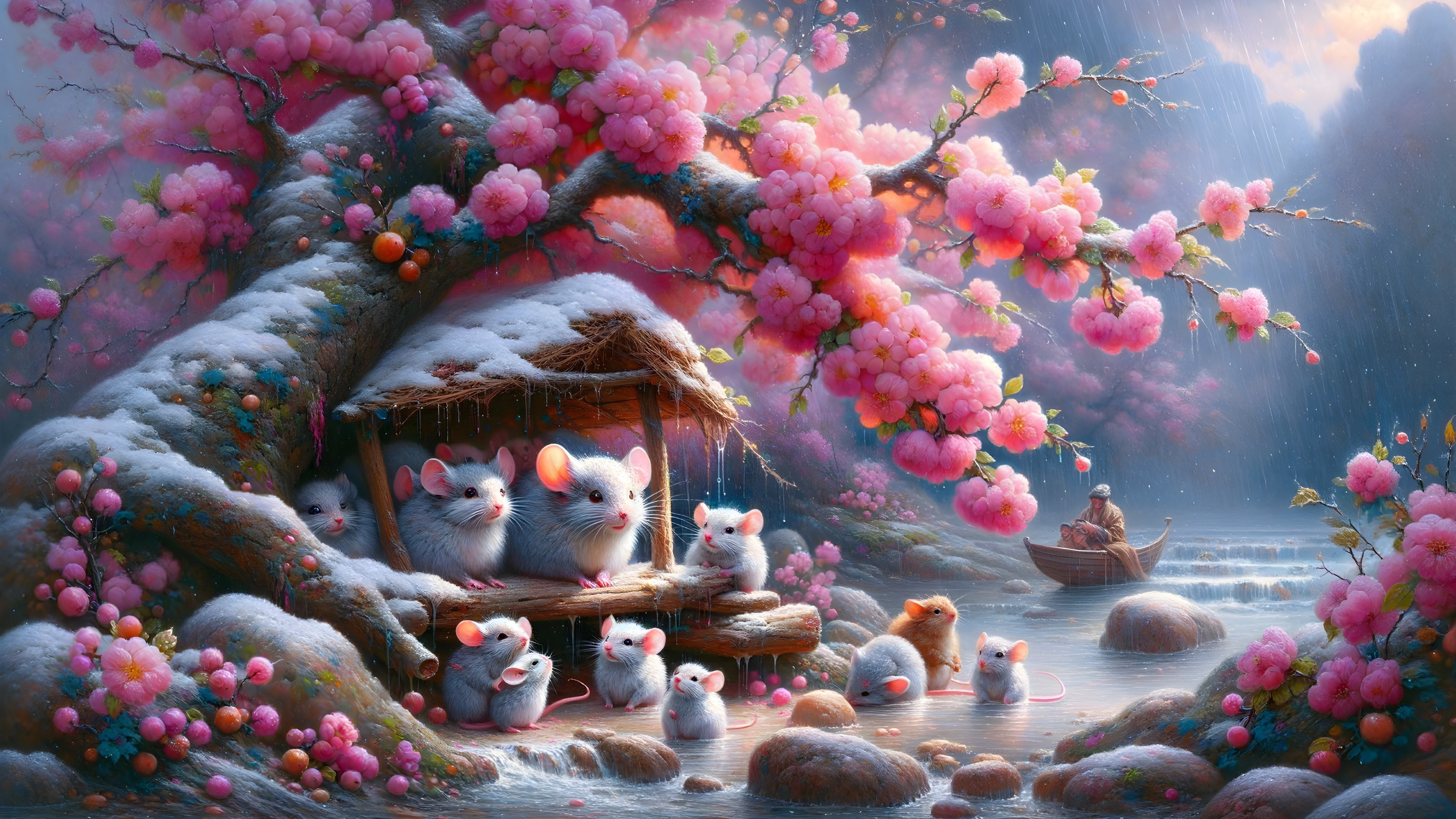 Whimsical Scene of Mice Under Cherry Blossoms