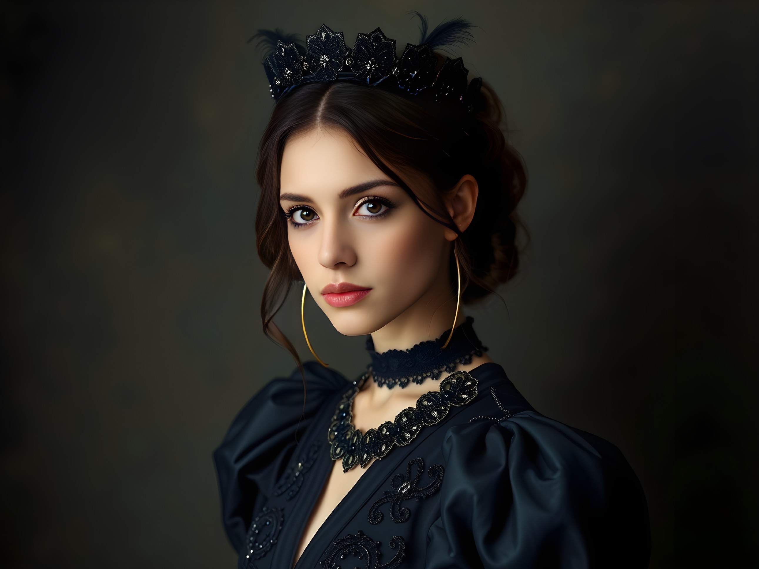 Elegant Young Woman in Intricate Dark Gown and Crown
