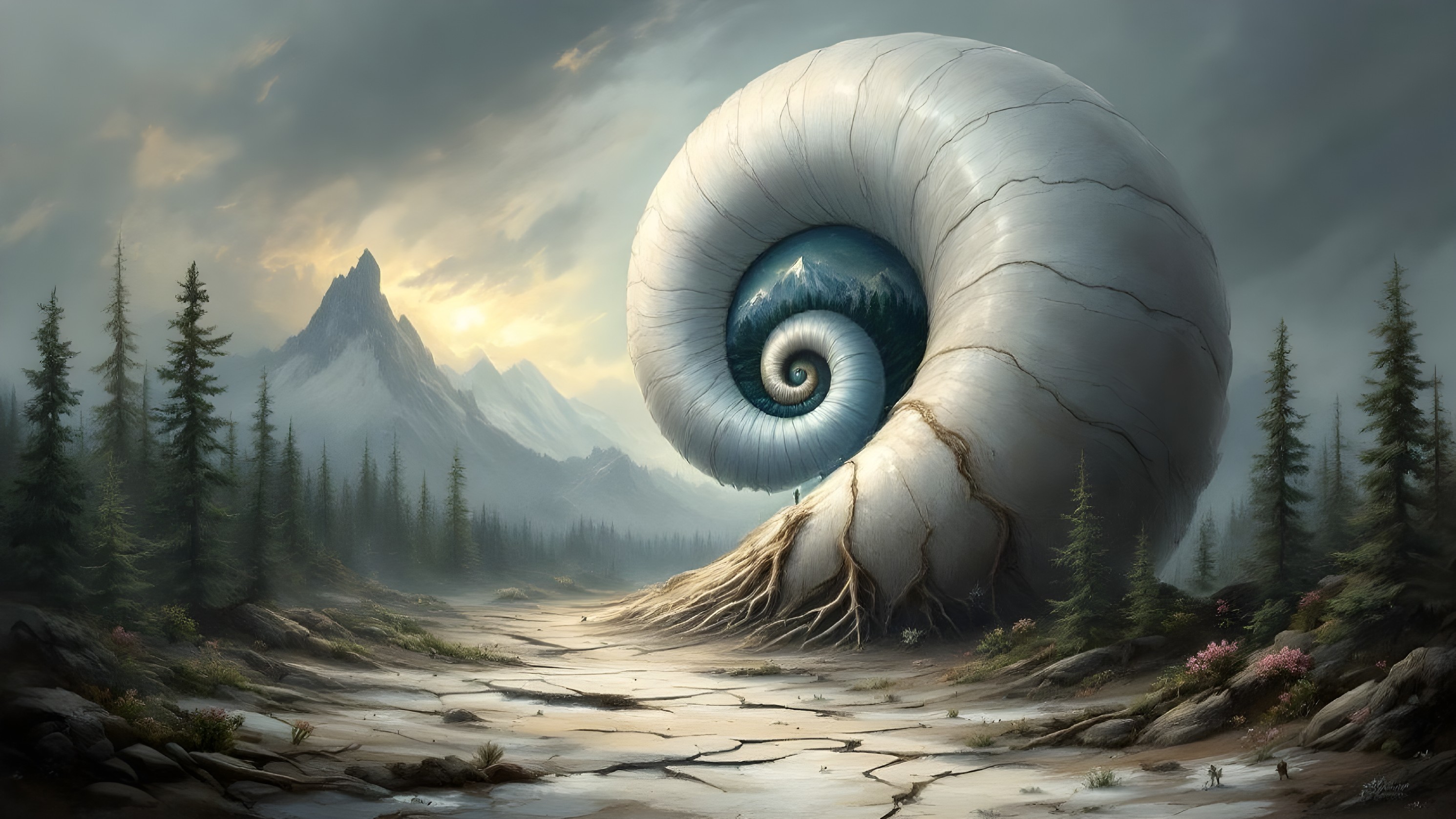 Giant nautilus shell in serene landscape with mountains