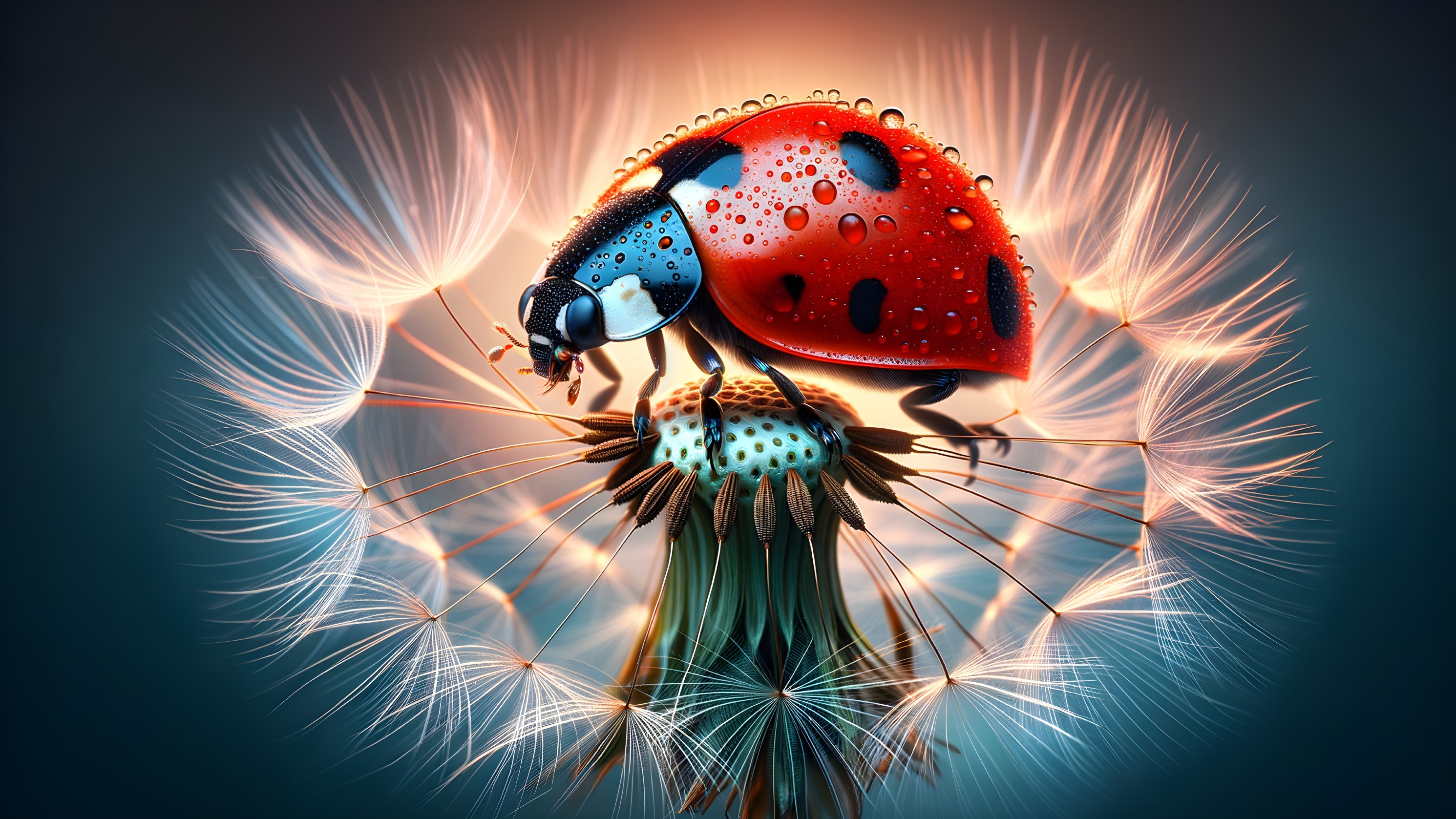 Ladybug on Dandelion Puff with Dewdrops and Light