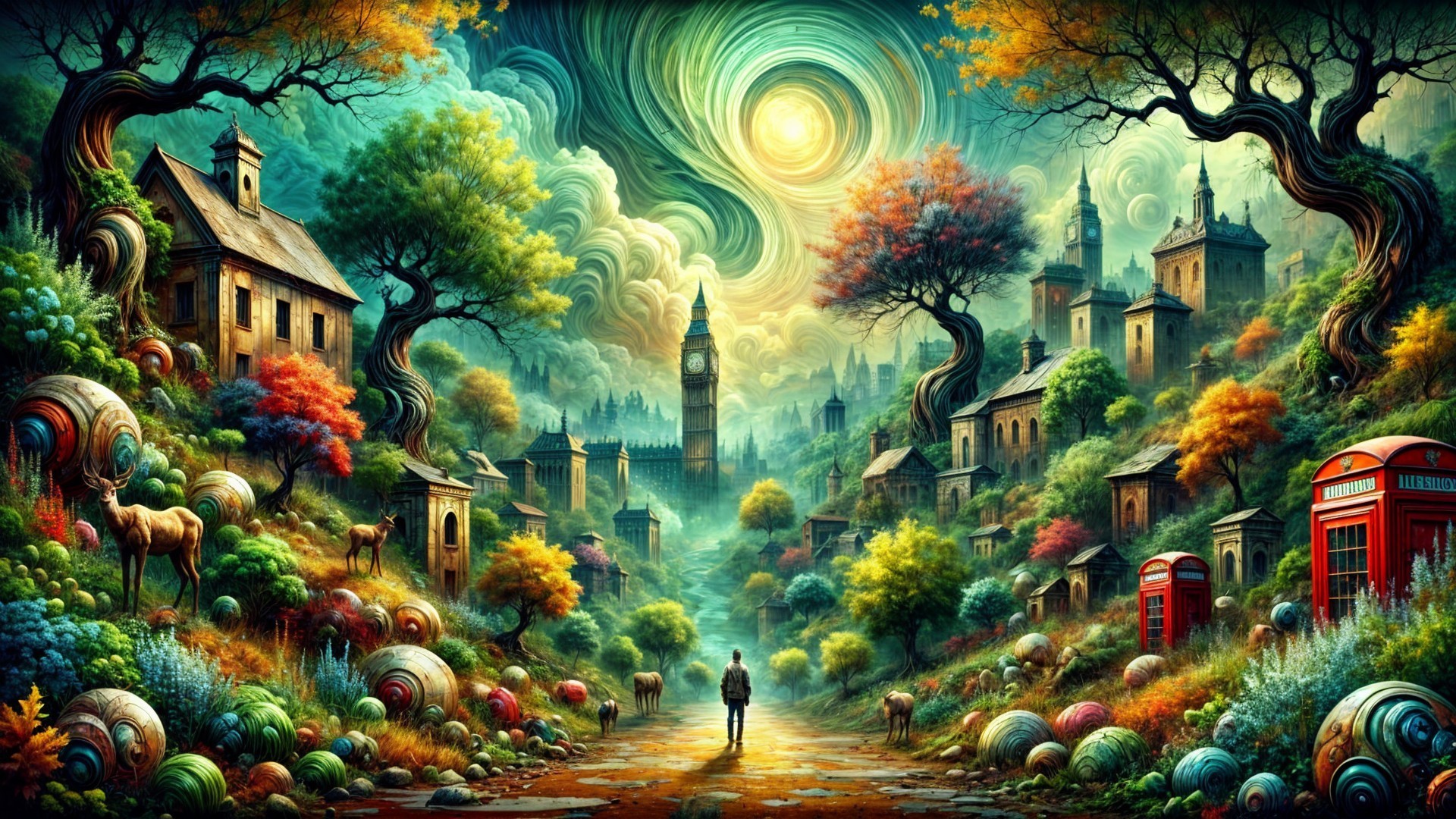 Surreal Landscape with Whimsical Houses and Creatures