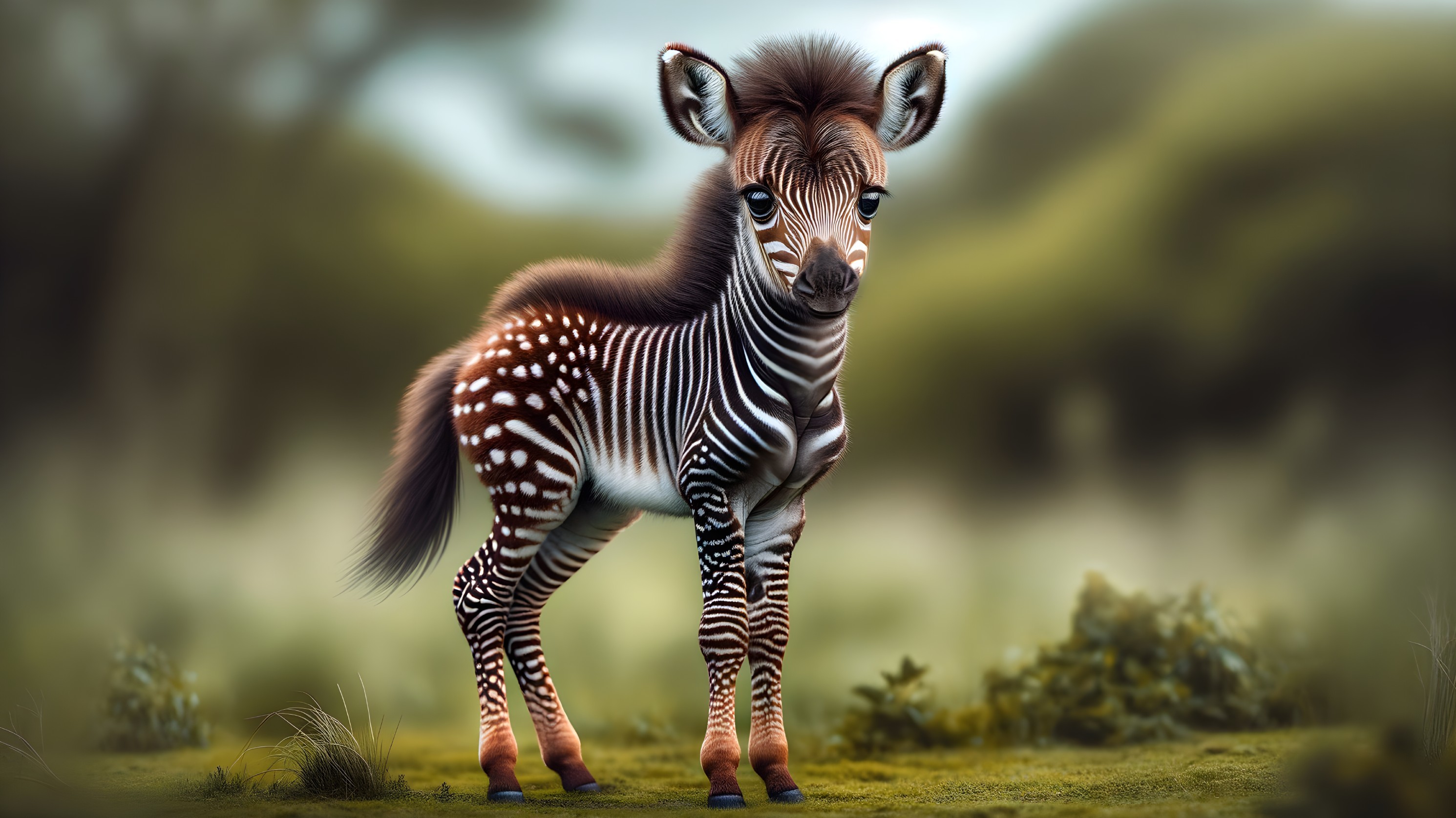 Whimsical Zebra Foal with Polka Dots in Green Landscape