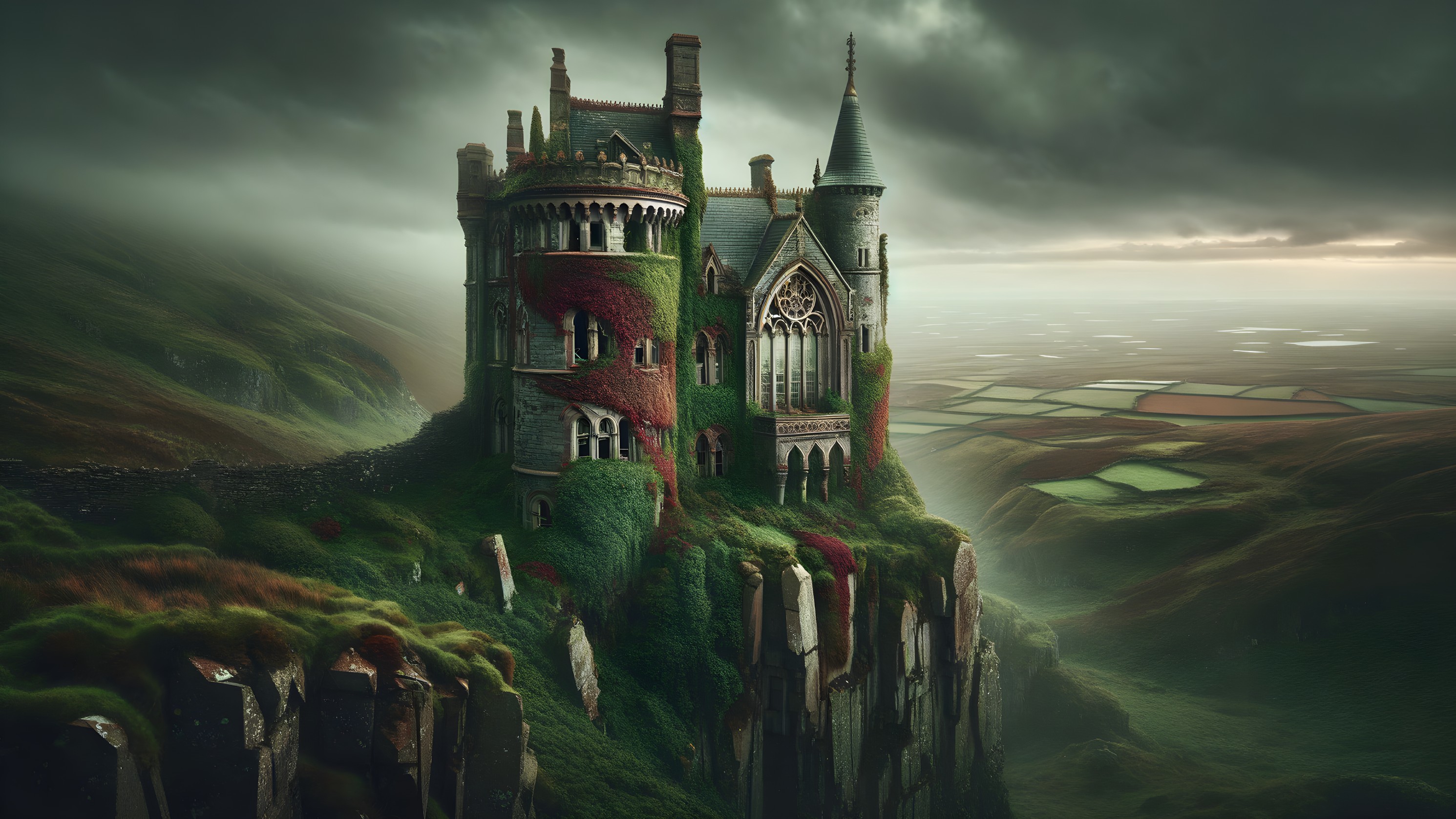 Mystical Castle on Rugged Cliff with Gothic Architecture