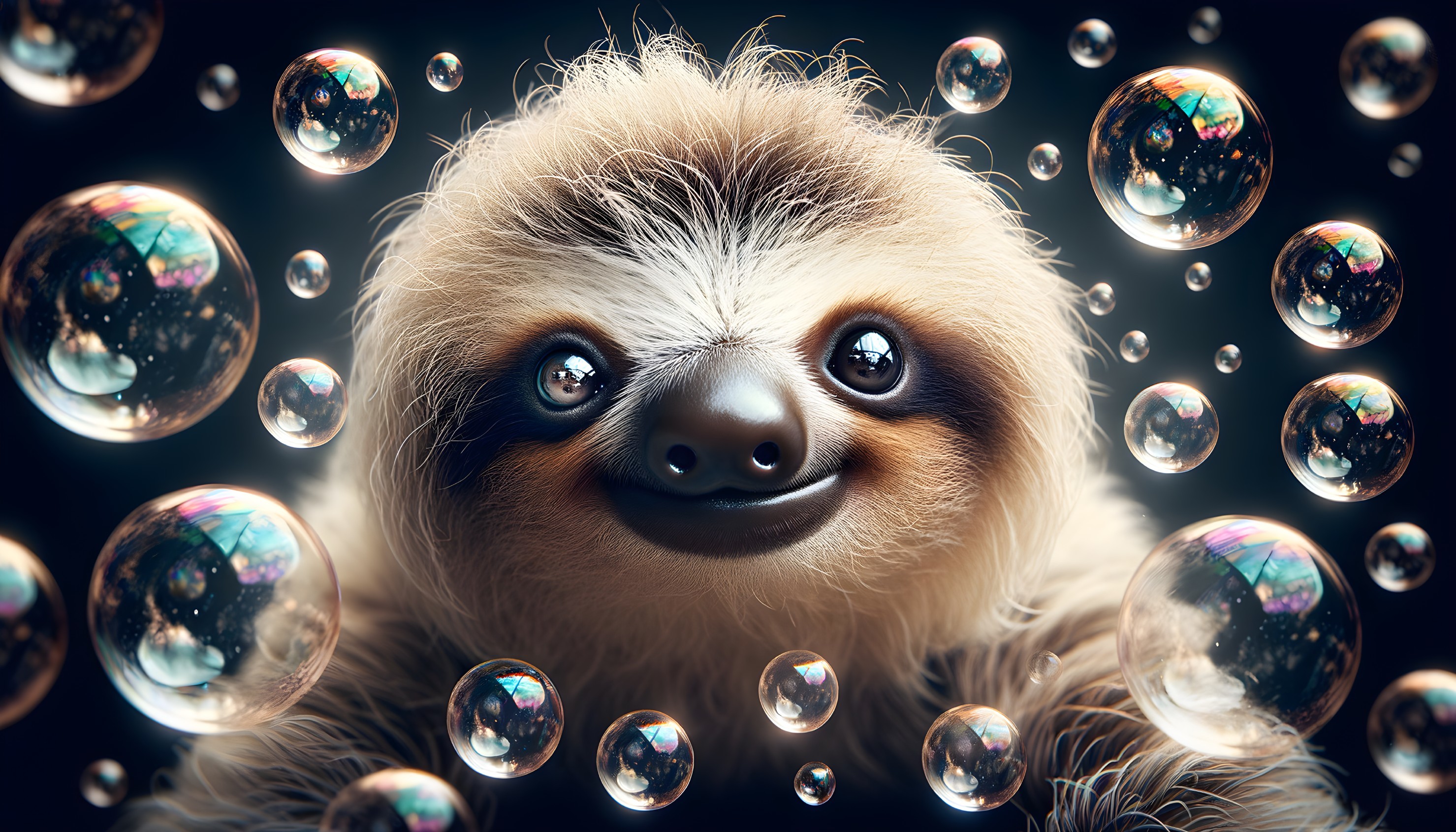 Playful Sloth Surrounded by Colorful Bubbles