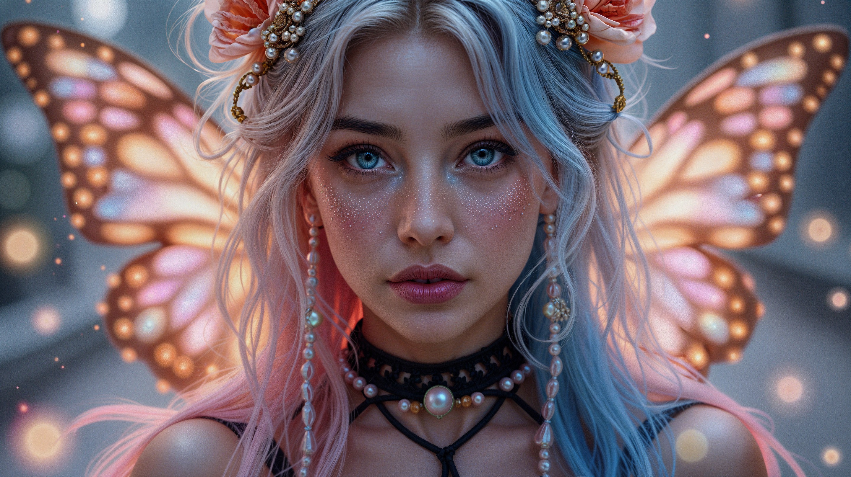 Young woman with blue eyes and butterfly wings