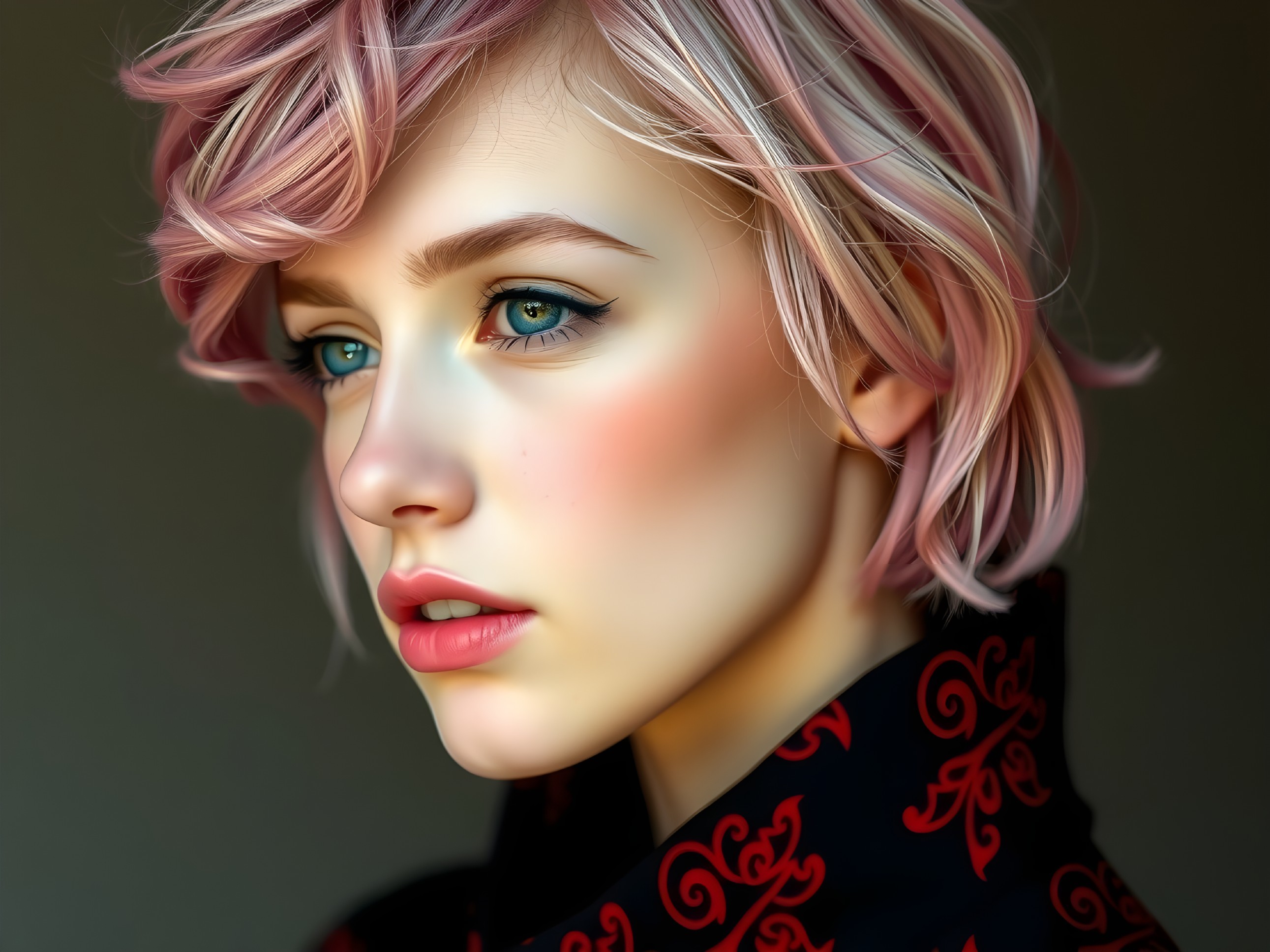 Portrait of a woman with pink hair and blue eyes
