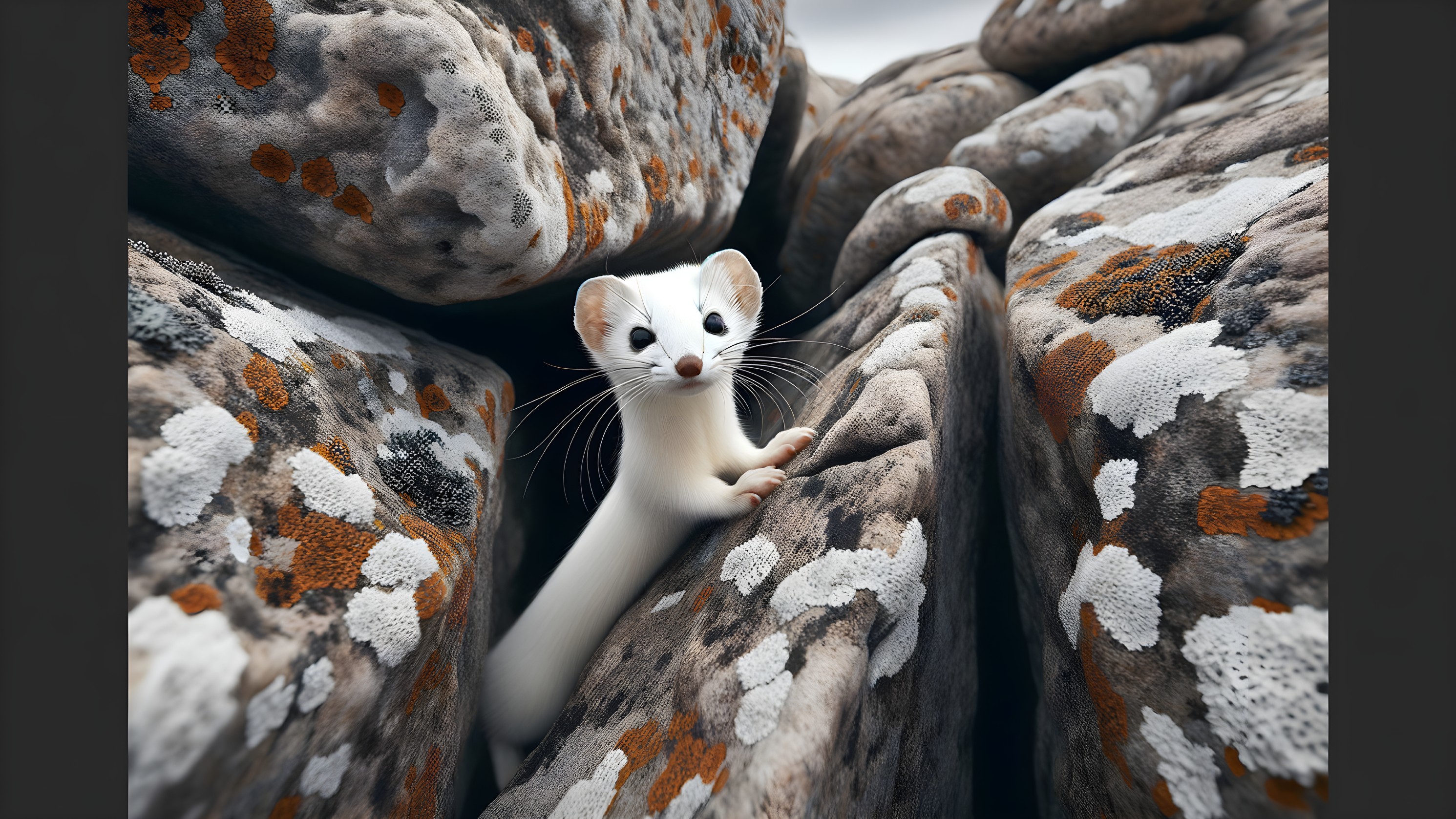 White Weasel Among Textured Rocks and Lichen