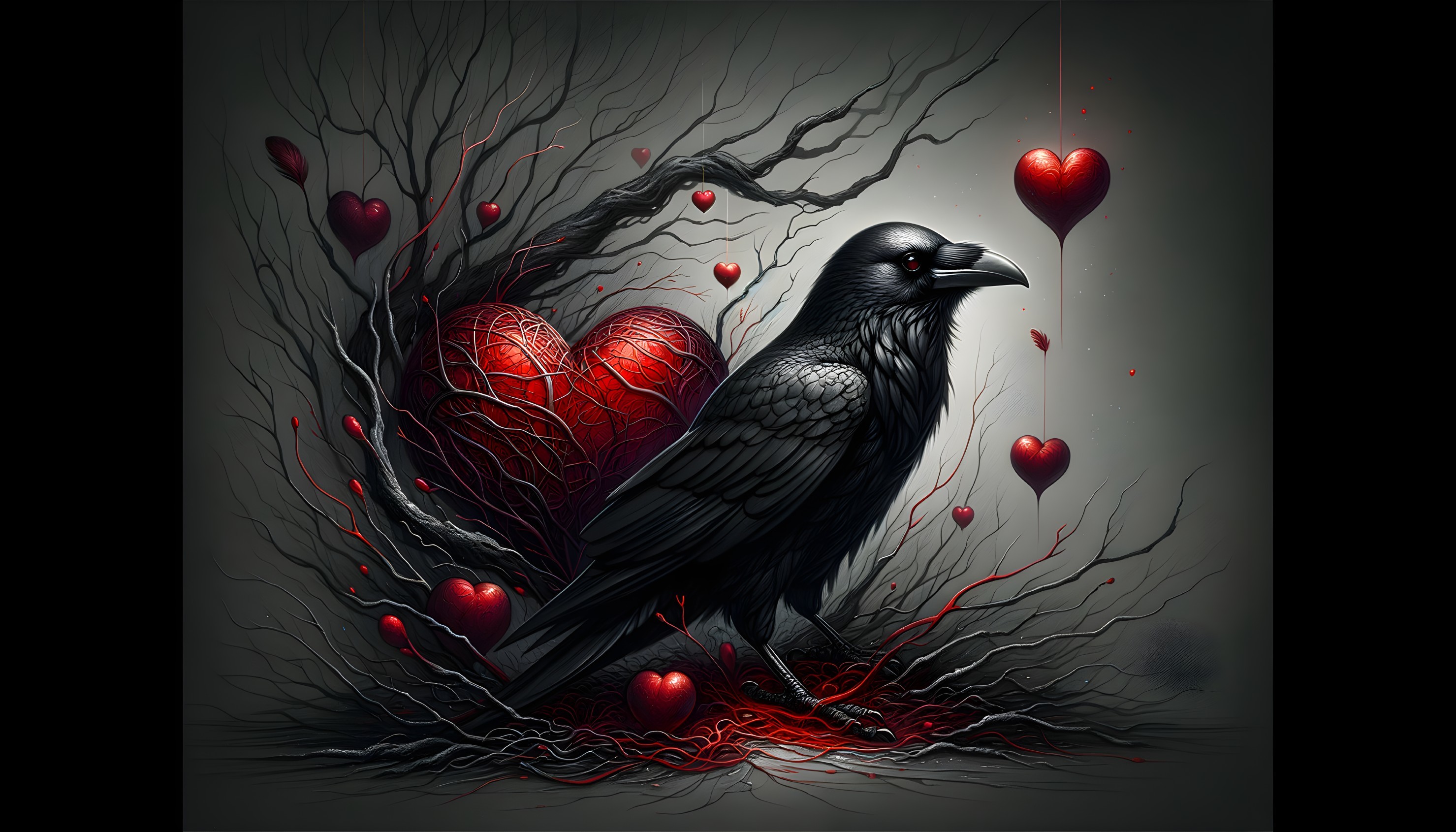 Raven and Heart Entwined in Dark Branches Composition