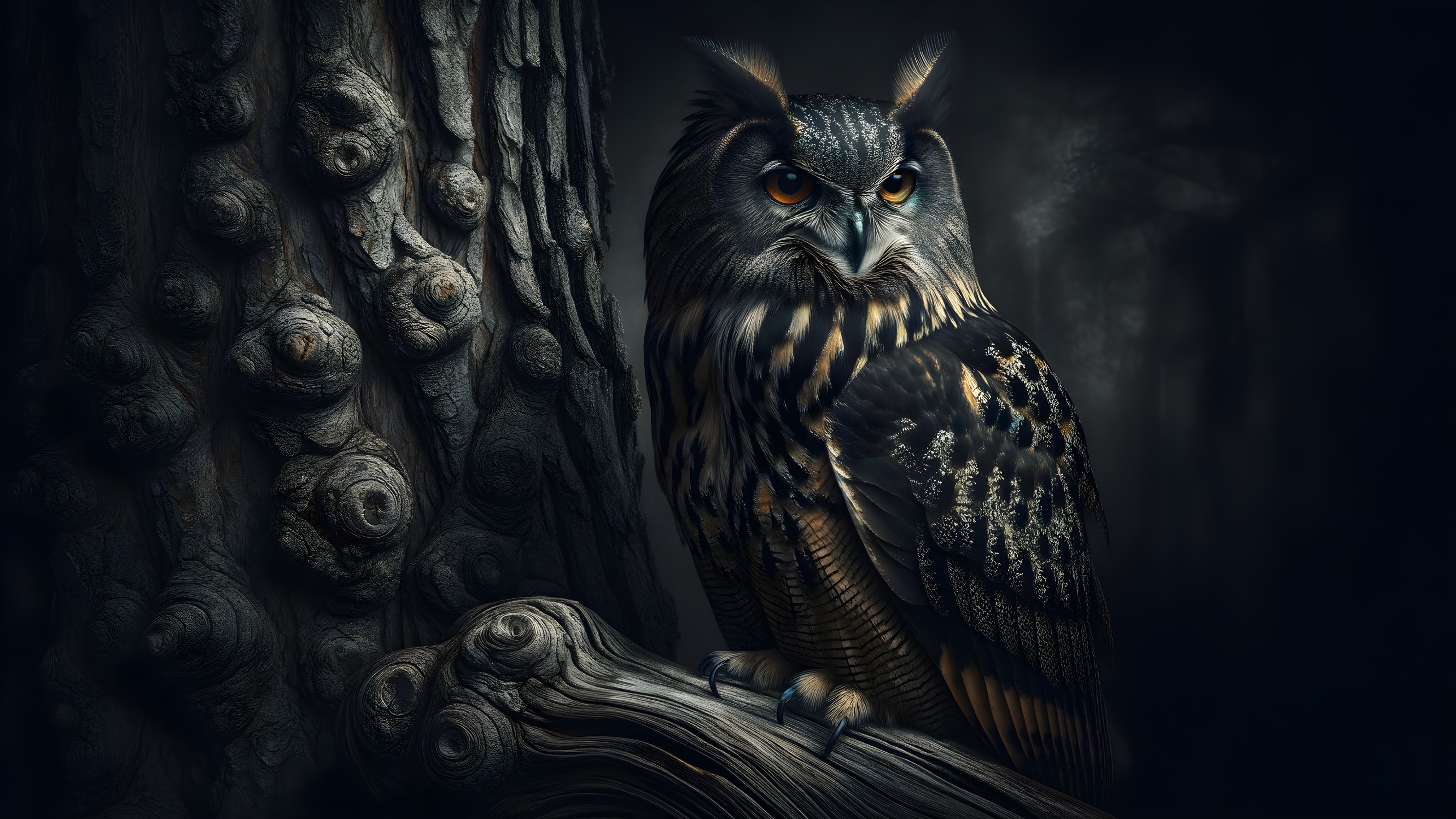 Majestic Owl Perched in Dark Forest Setting