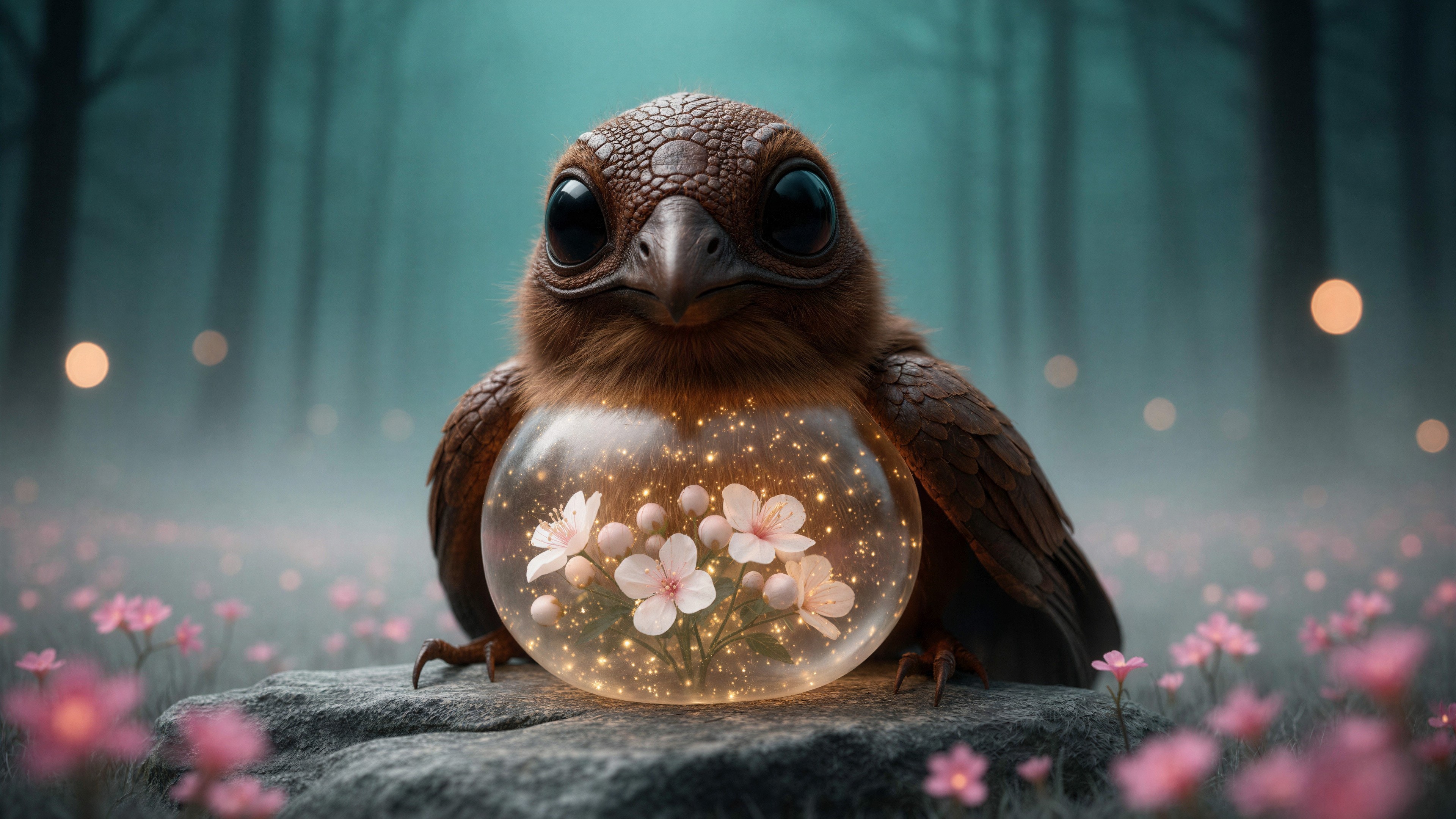 Fluffy Brown Bird with Glass Sphere in Mystical Forest