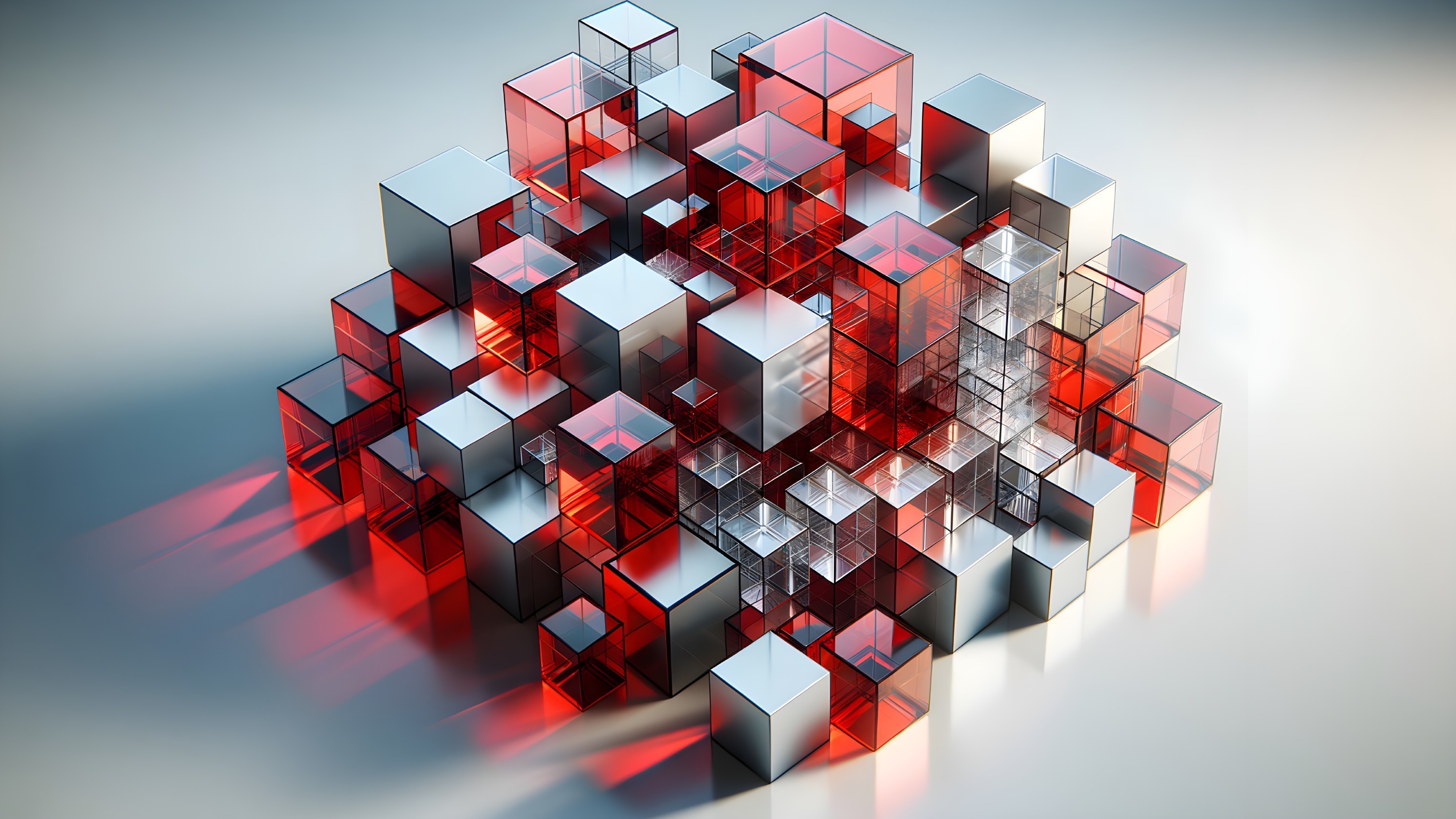 Translucent Red and Silver Cubes in Abstract Arrangement