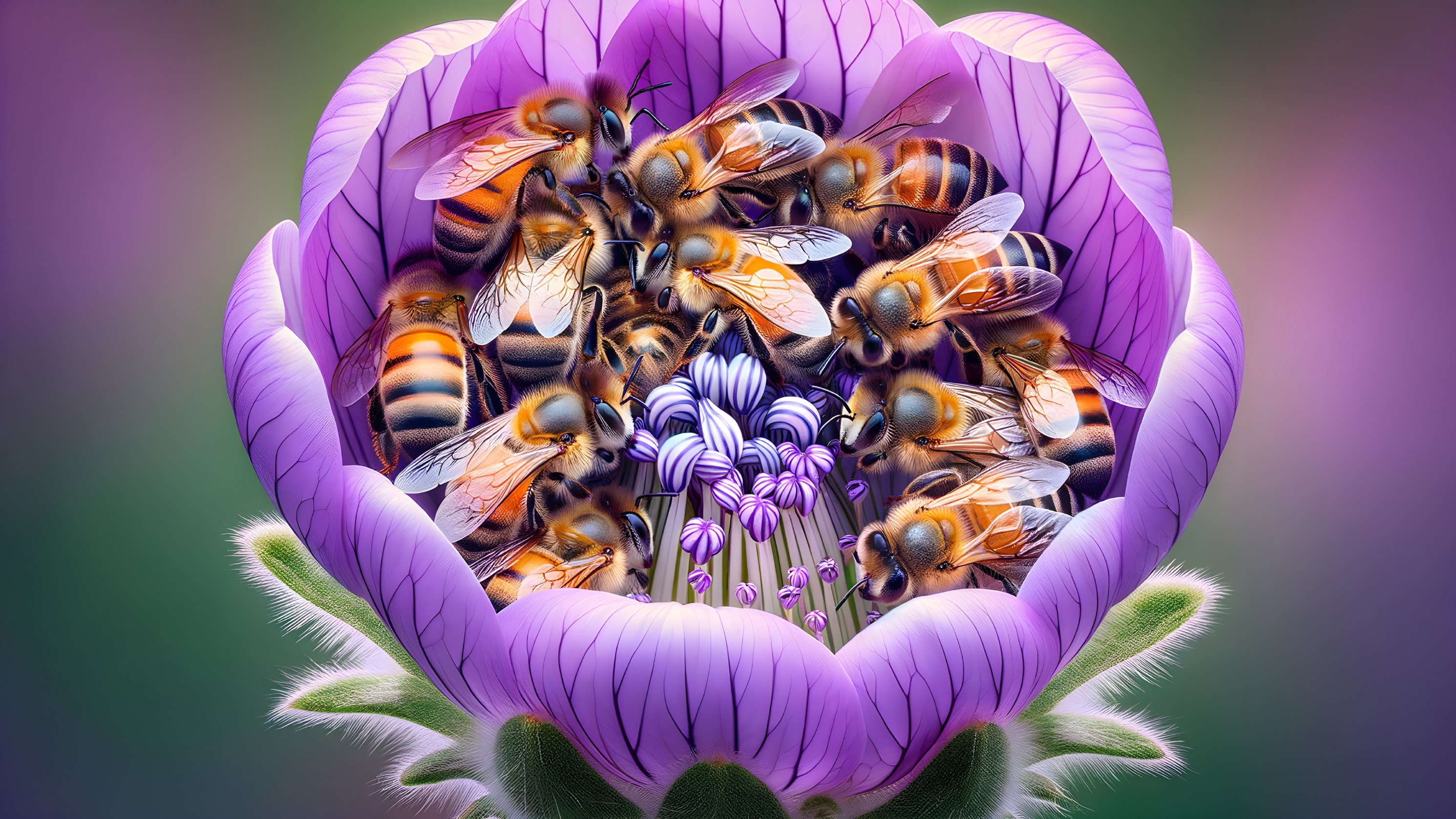 Bees Gathering Pollen in Vibrant Purple Flower