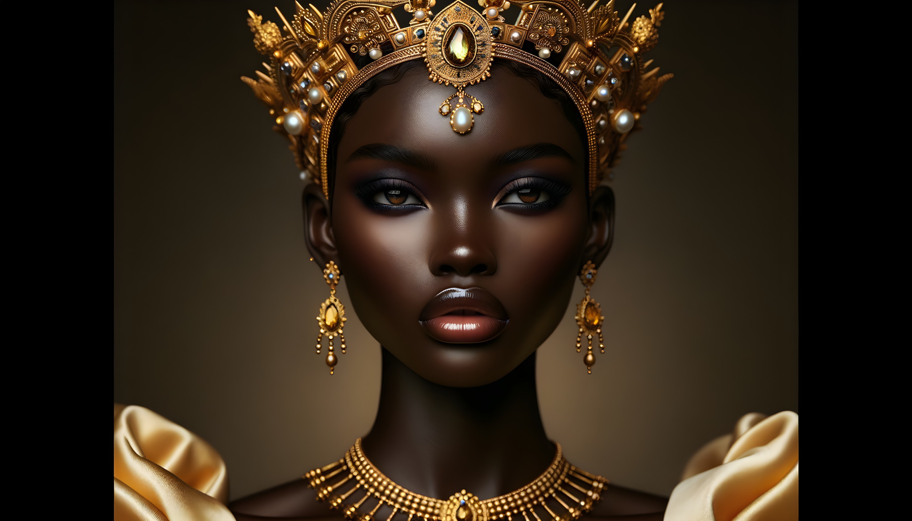Portrait of a woman in gold jewelry and satin attire