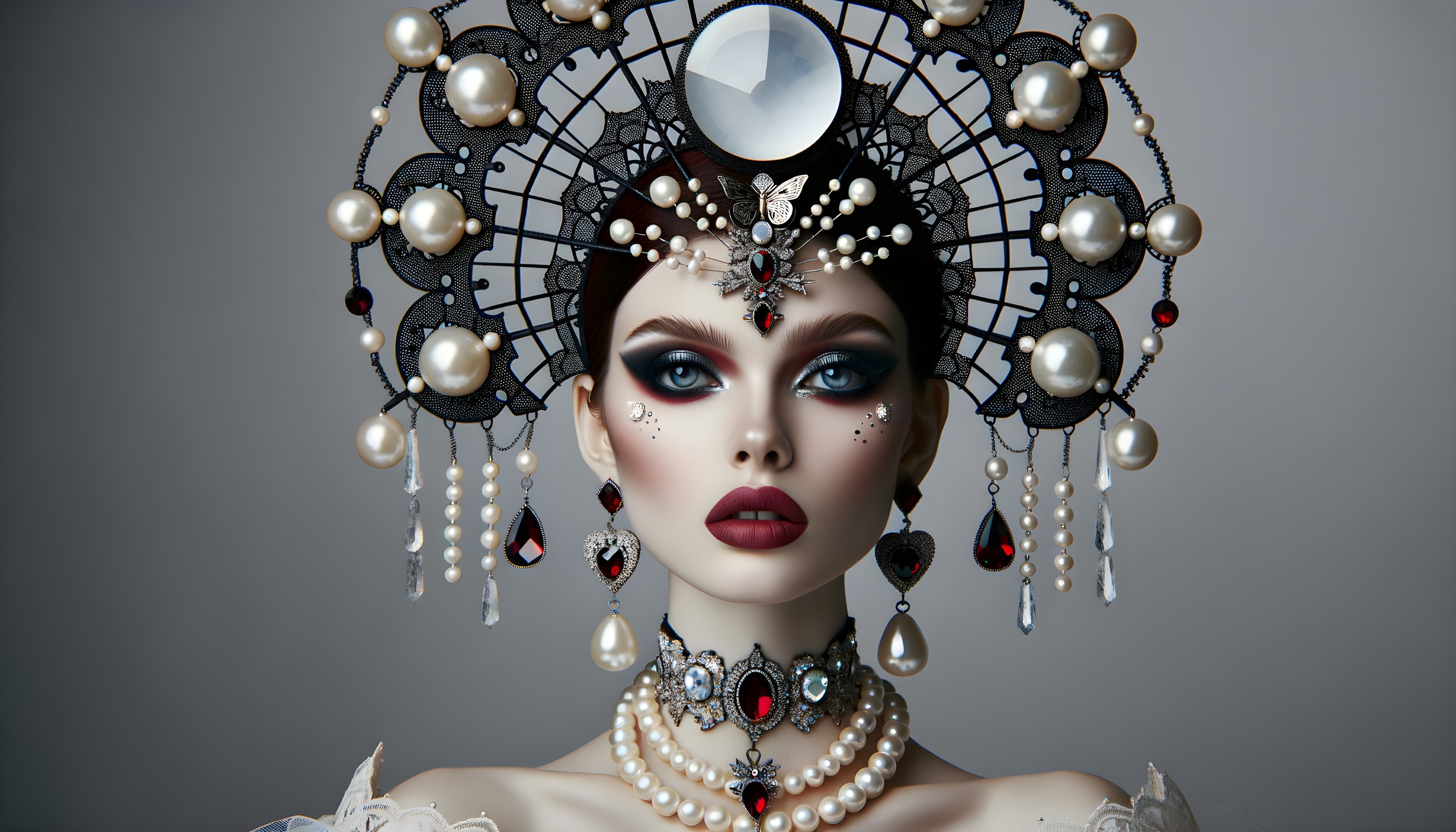 Glamorous model with ornate headpiece and dramatic makeup