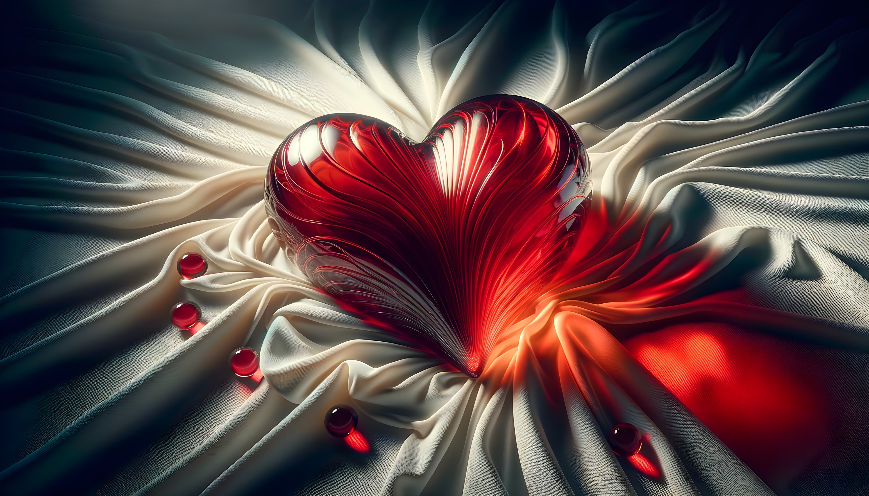 Translucent red heart on cream fabric with gemstones