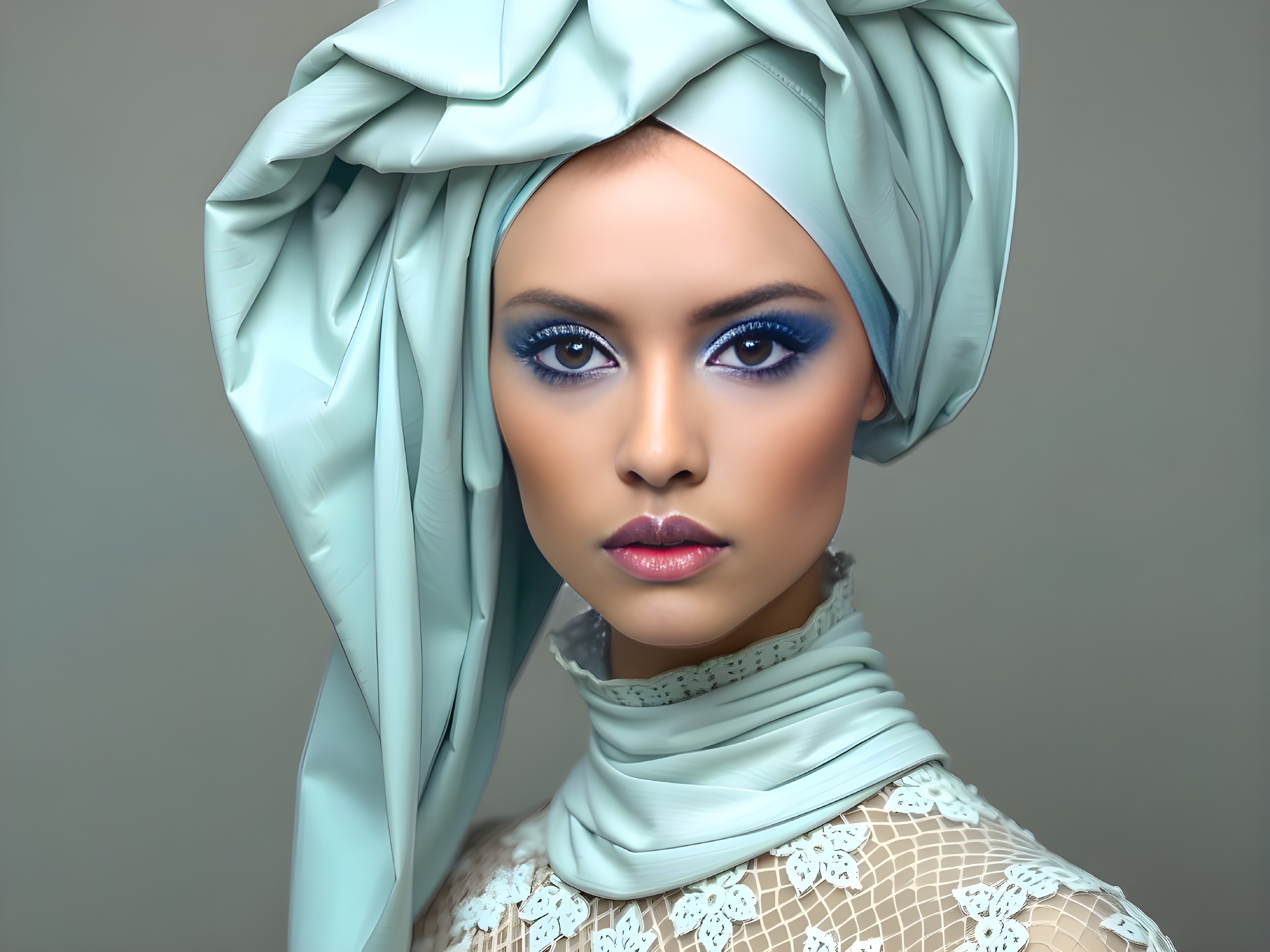 Model in Mint-Green Headwrap and Lace Outfit