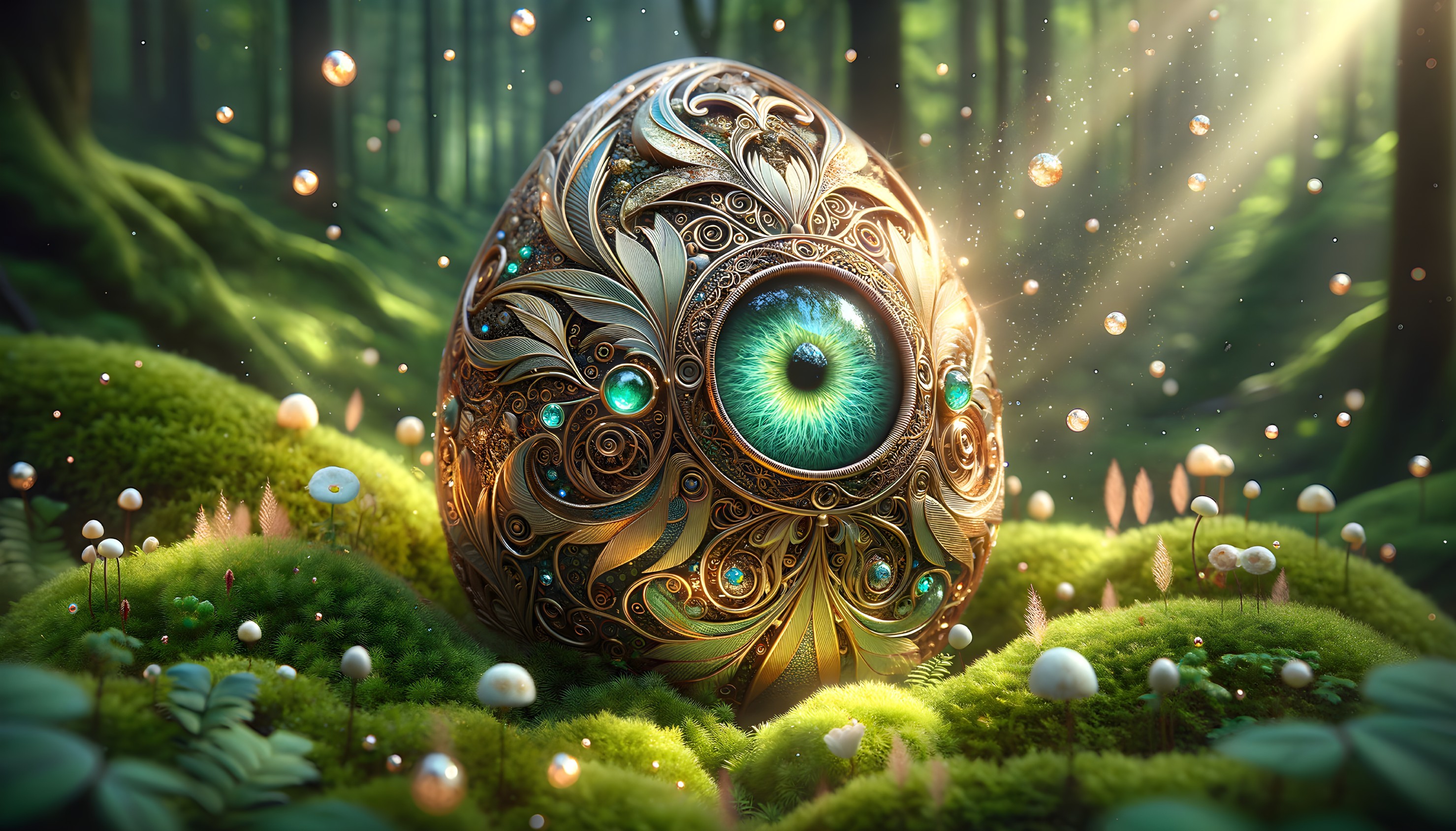 Ornate Egg on Moss in a Serene Forest Setting
