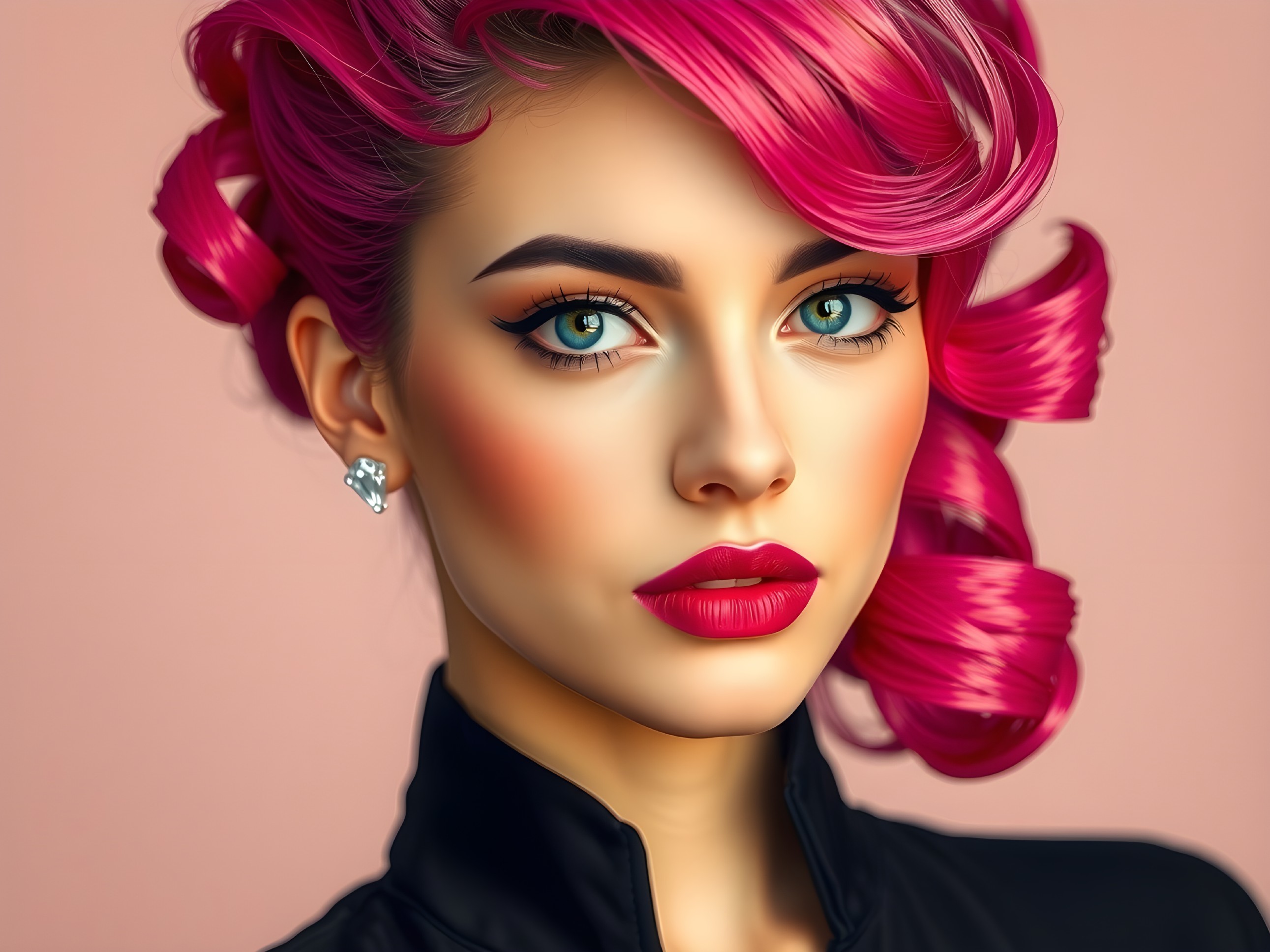 Portrait of a Young Woman with Pink Hair and Makeup